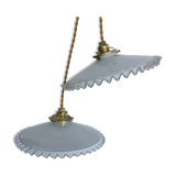 Pair of white opaline and toothed edges hanging lamps