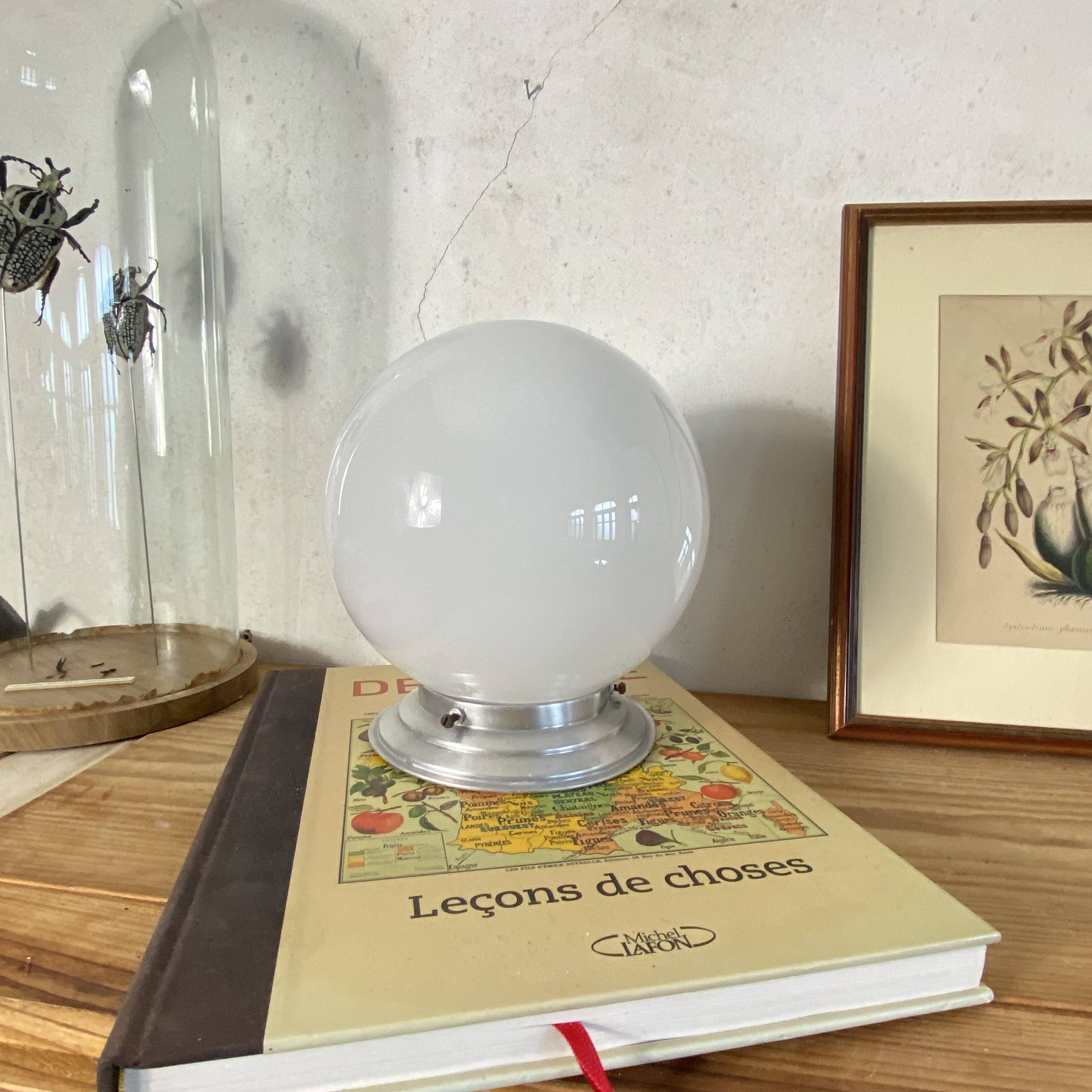 Ceiling light or wall light with white opal glass globe, 20 cm, aluminium rose.