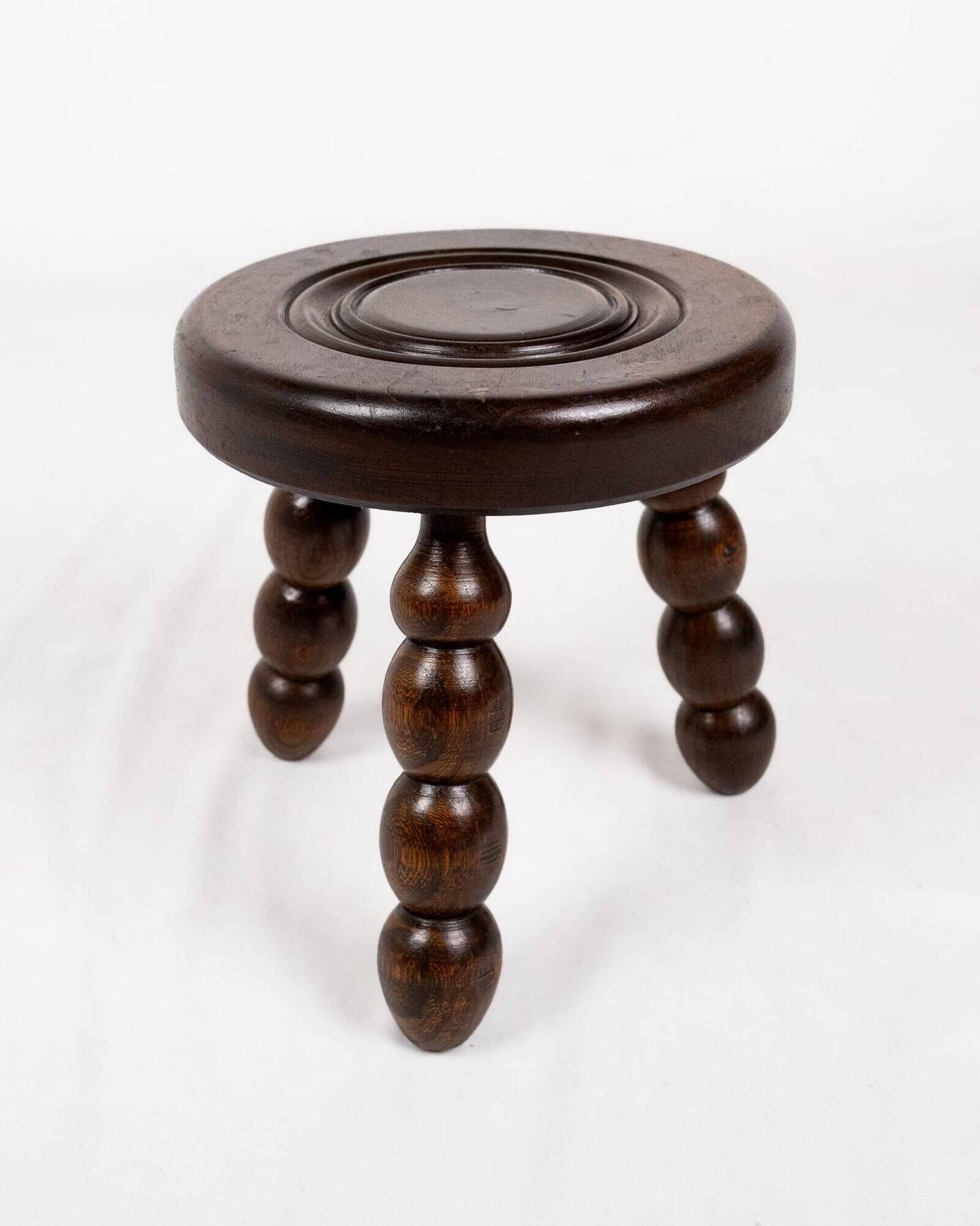 Low chair and turned wooden stool, Dudouyt style, France, 1940s
