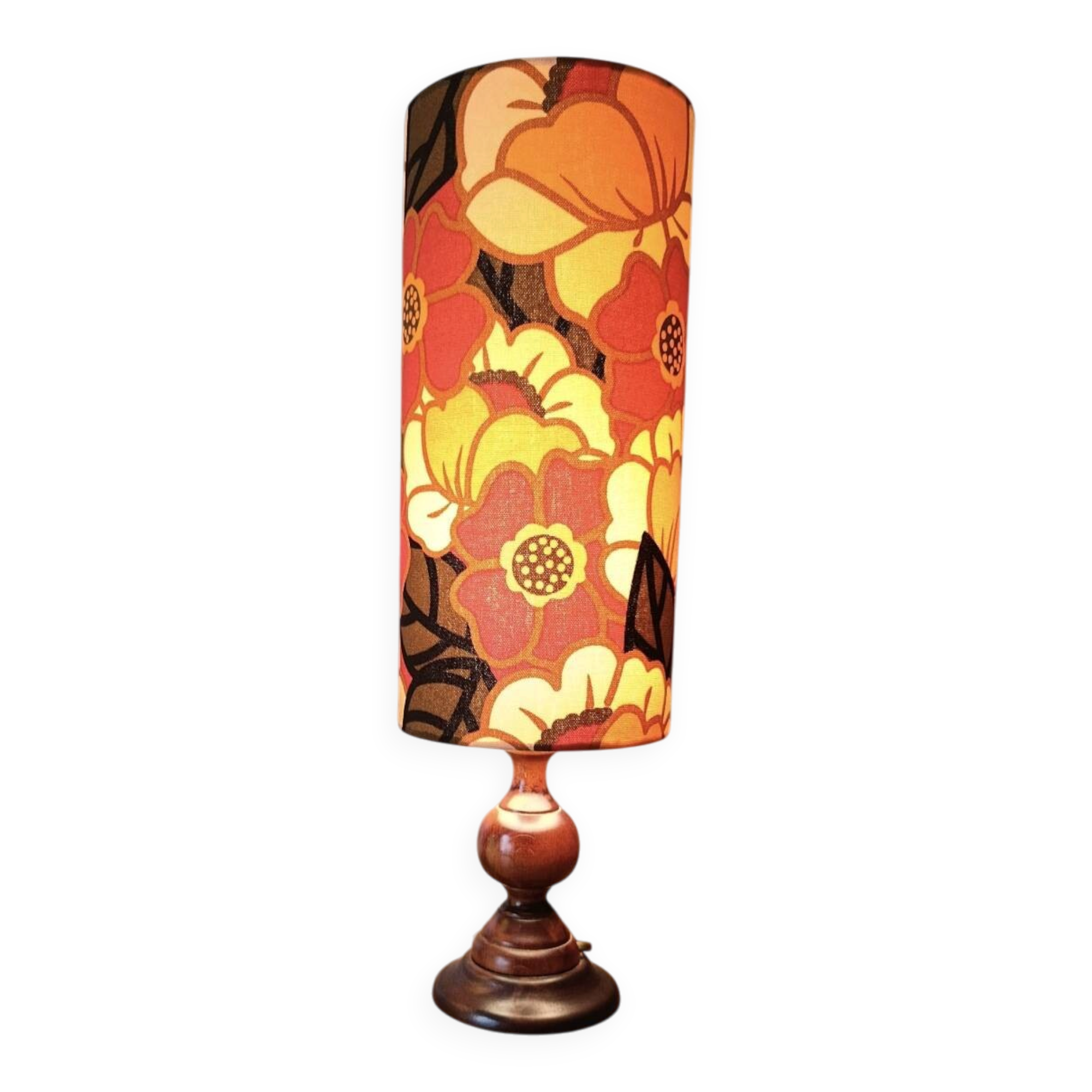 vintage turned wood lamp, floral lampshade in seventies style