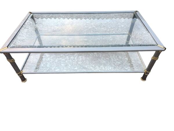 table de salon 1970 métal alu brosse et doré verre biseauté