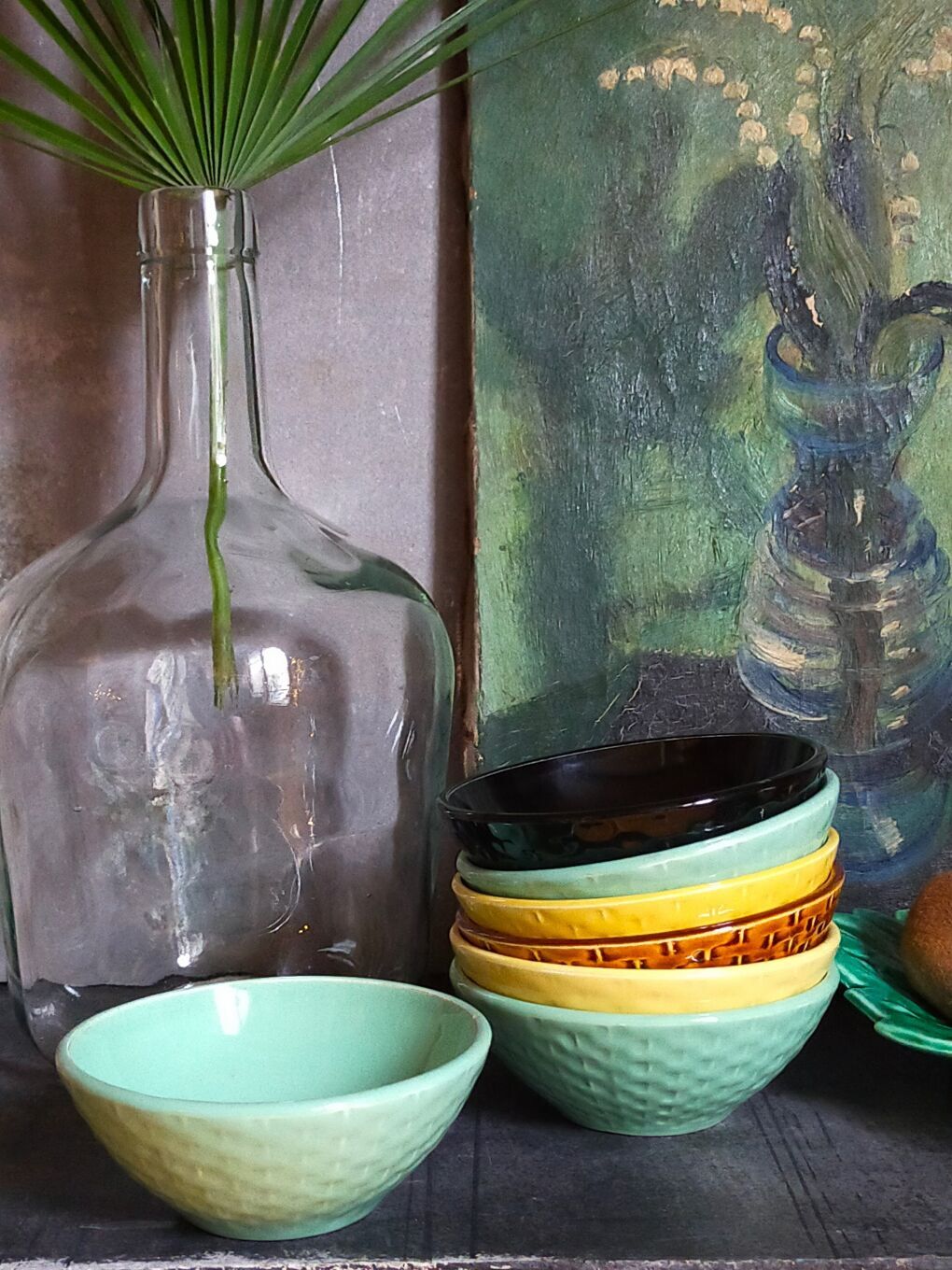 Seven vintage slip ceramic bowls
