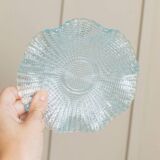Six-piece turquoise crystal glass bowls, vintage 1980s, ruffled scalloped rims, pressed texture