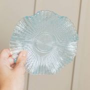 Six-piece turquoise crystal glass bowls, vintage 1980s, ruffled scalloped rims, pressed texture