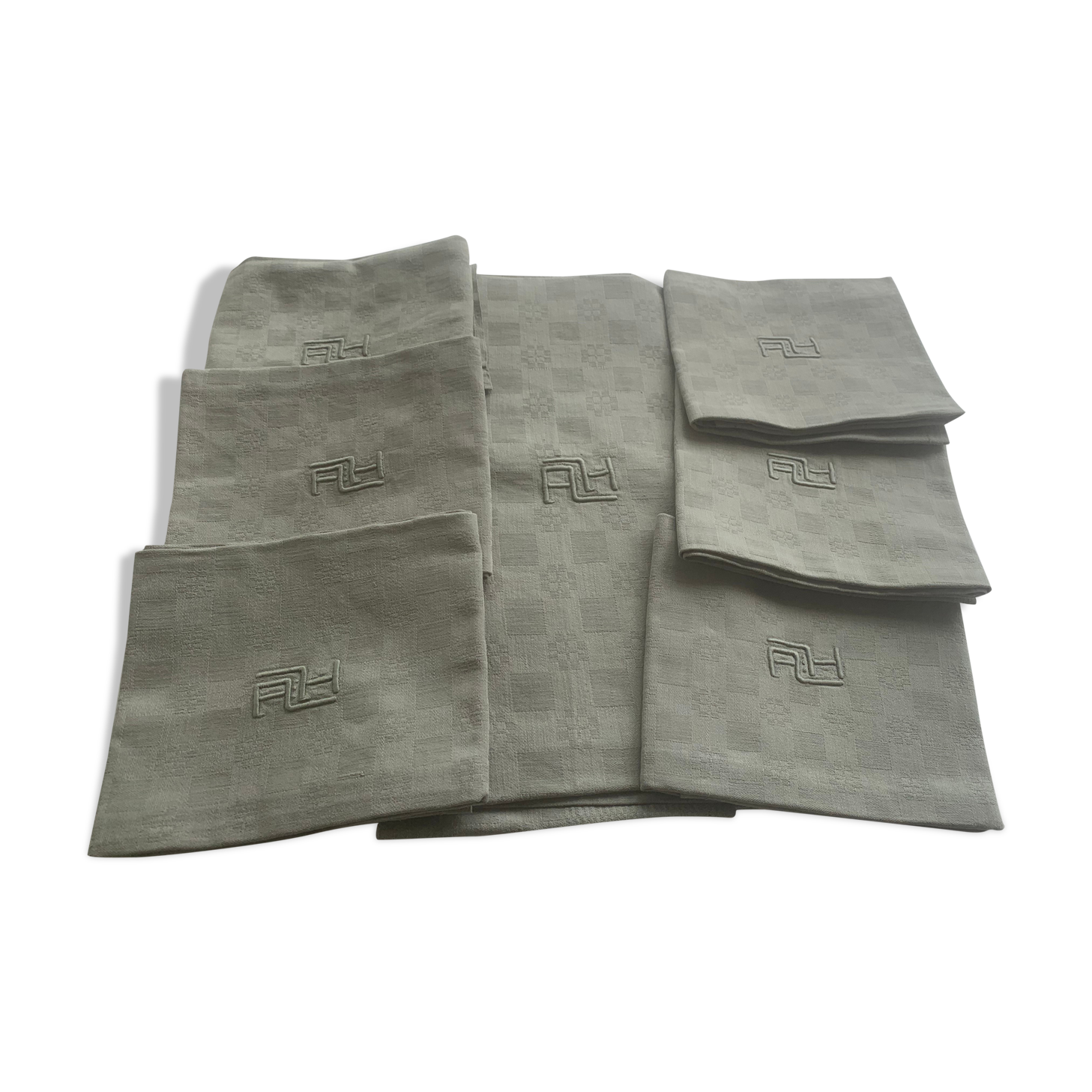 Tablecloth and 6 damask cotton napkins monogram khaki ah art deco