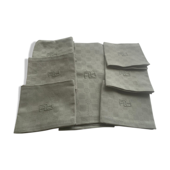 Tablecloth and 6 damask cotton napkins monogram khaki ah art deco