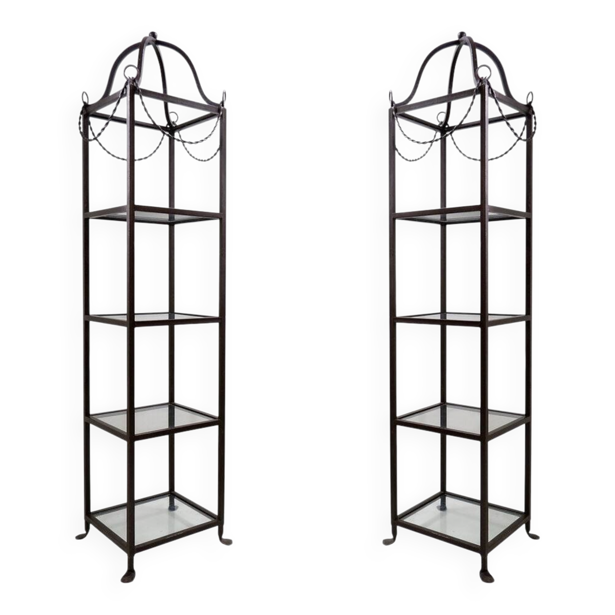 Pair of vintage pagoda-style shelves in black metal