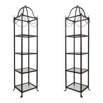 Pair of vintage pagoda-style shelves in black metal