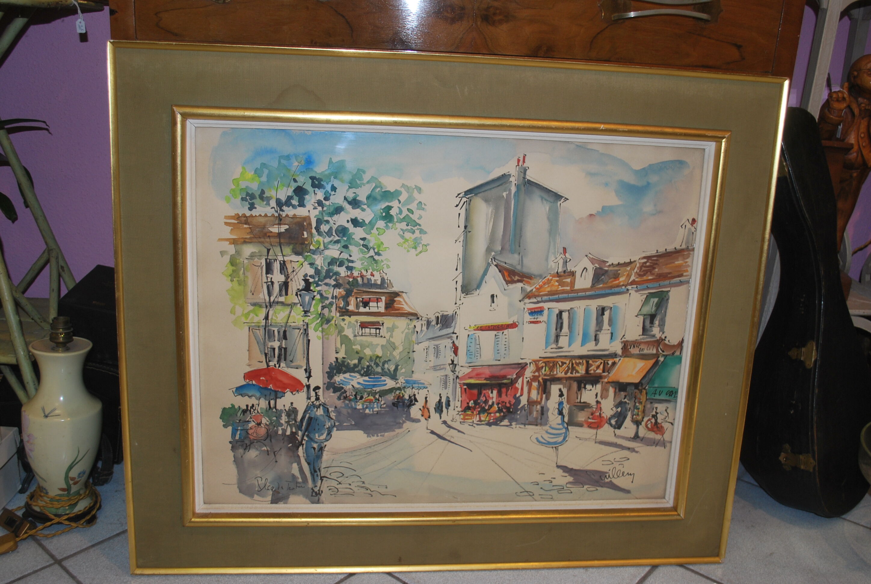 Tableau aquarelle Montmartre Place du Tertre Paris signé Guillery