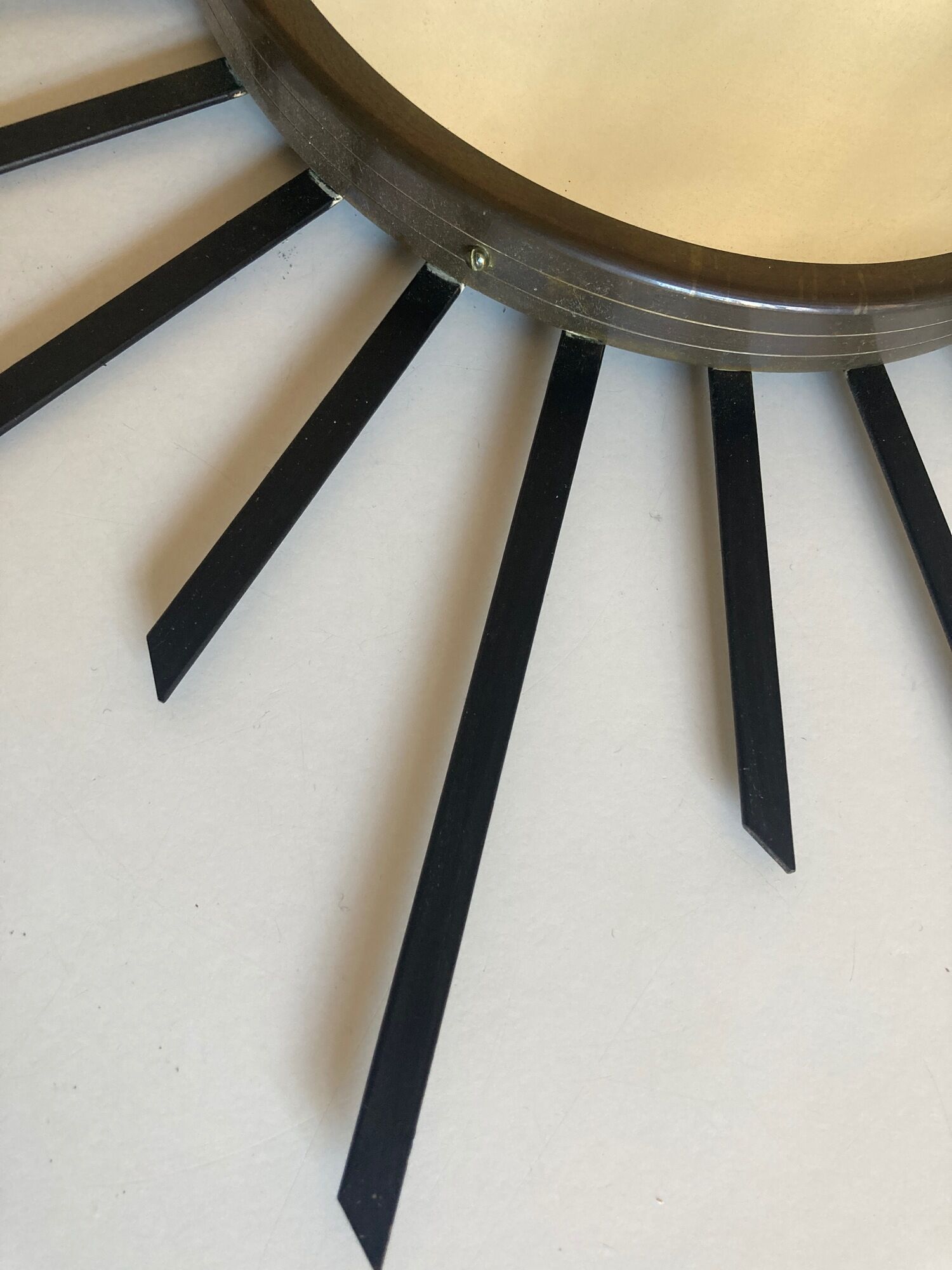 Sun mirror 1960 in patinated brass and black rays 50cm