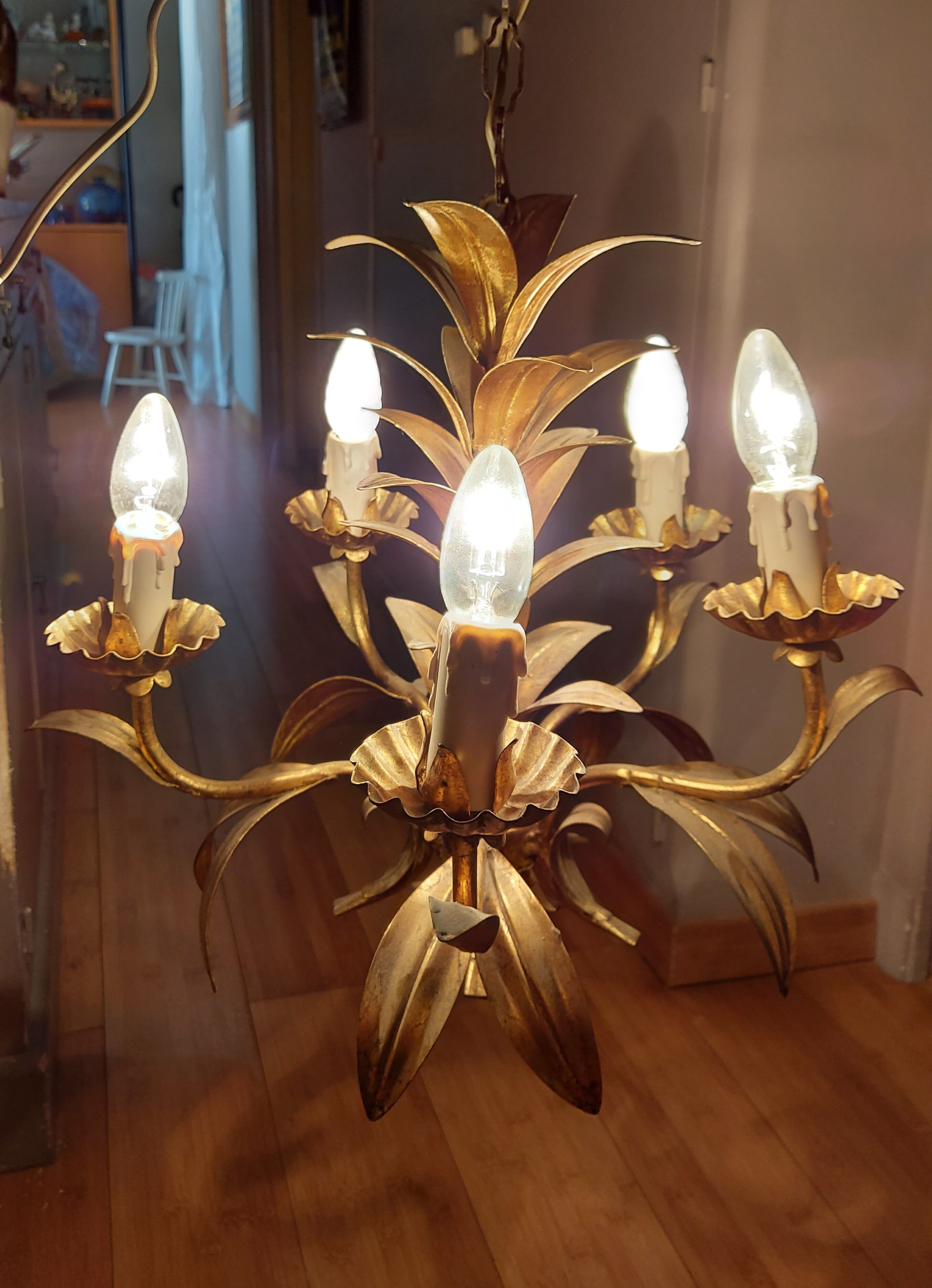 Chandelier gilded metal leaves by Hans Kogl, 1970's