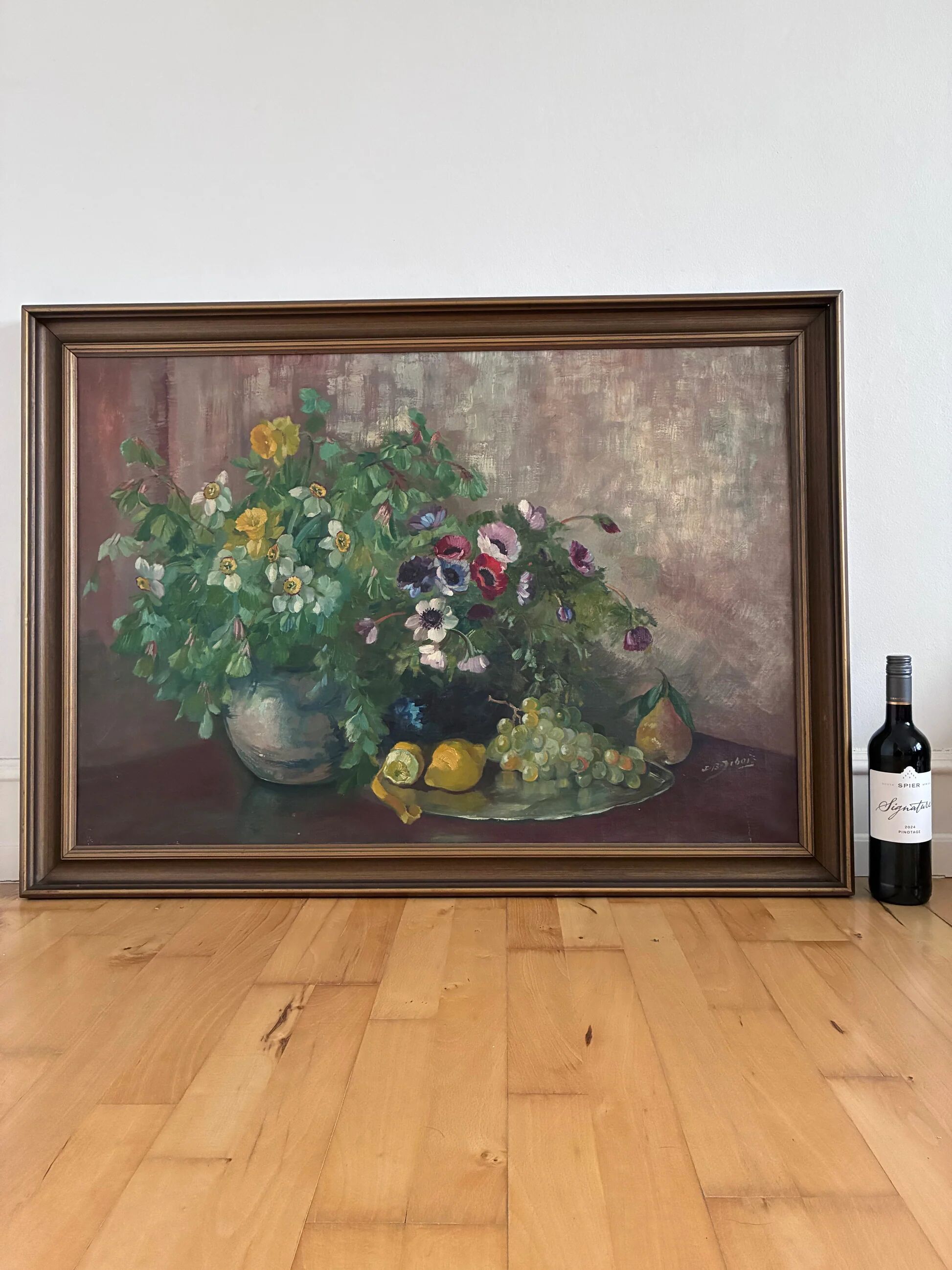 Large vintage original floral still life painting with fruit