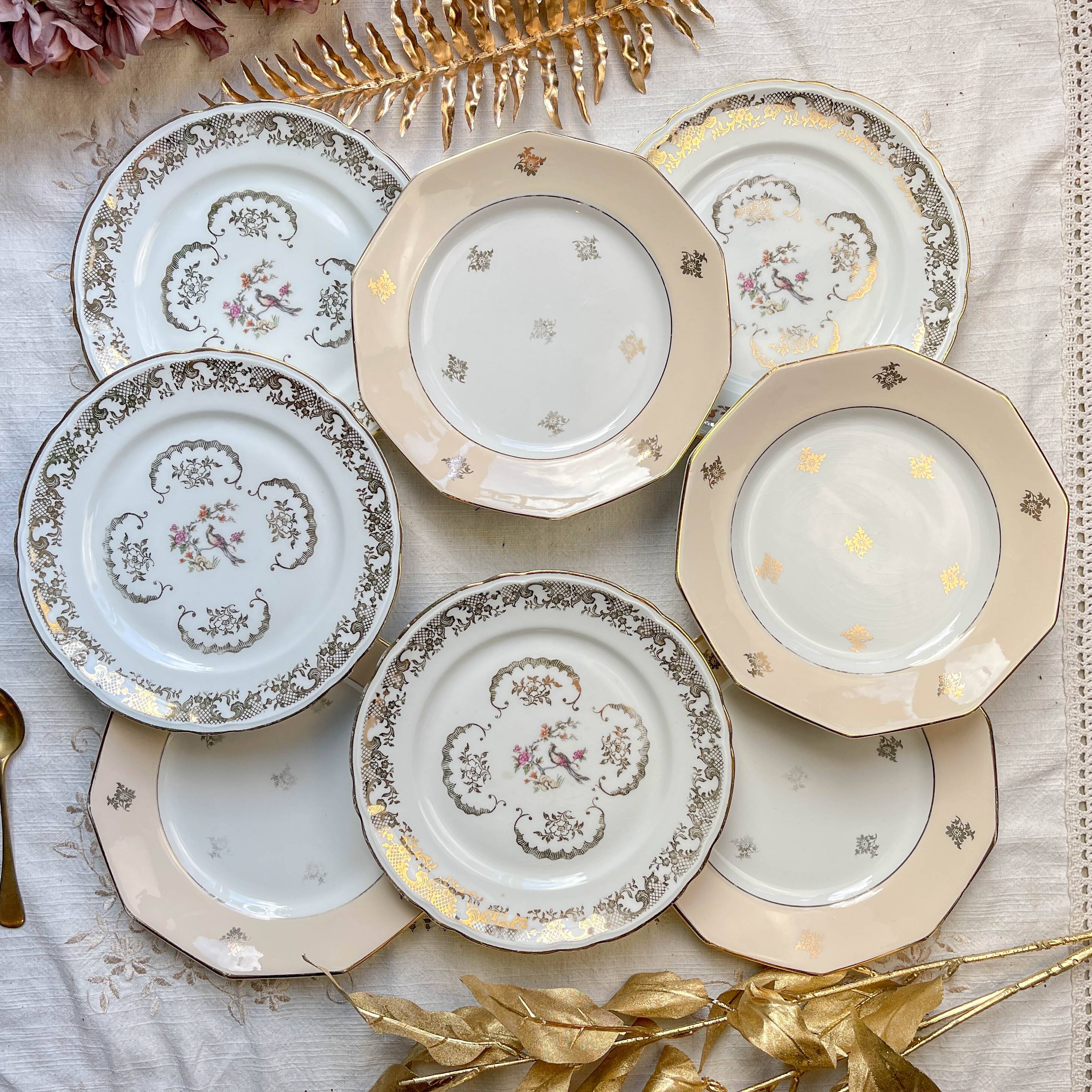 8 small vintage mismatched plates in French Limoges porcelain, Orchies - golden flower and bird motifs