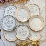 8 petites assiettes vintage dépareillées en porcelaine française Limoges, Orchies - motifs fleurs dorées et oiseau