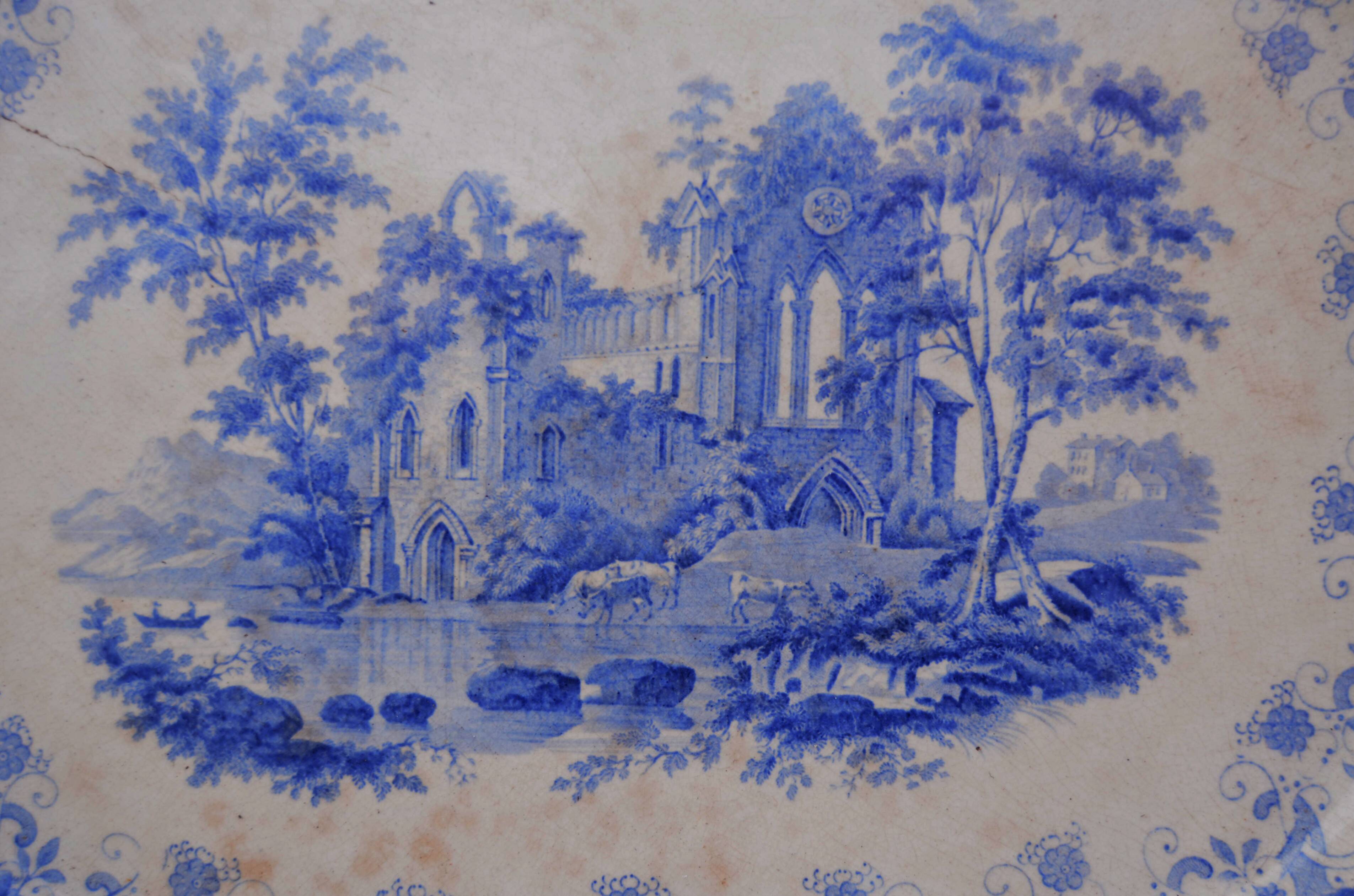 Large Decorative Platter Blue Transferware with Abbey Ruin early 19th C.