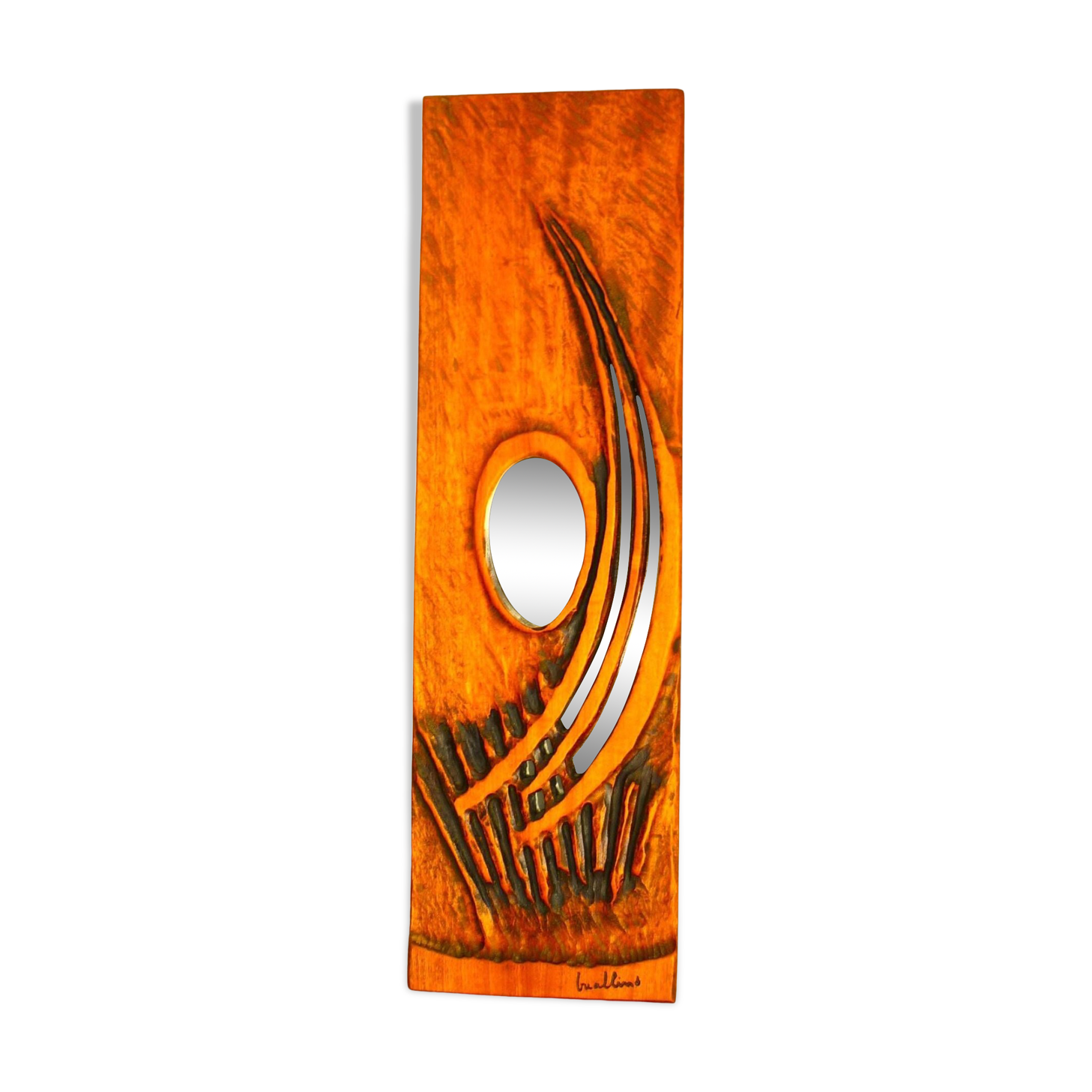Carved wooden mirror, signed P. Guallino, "le passage", brutalist design from the 80s