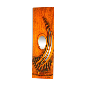 Carved wooden mirror, signed P. Guallino, "the passage", brutalist design 80s