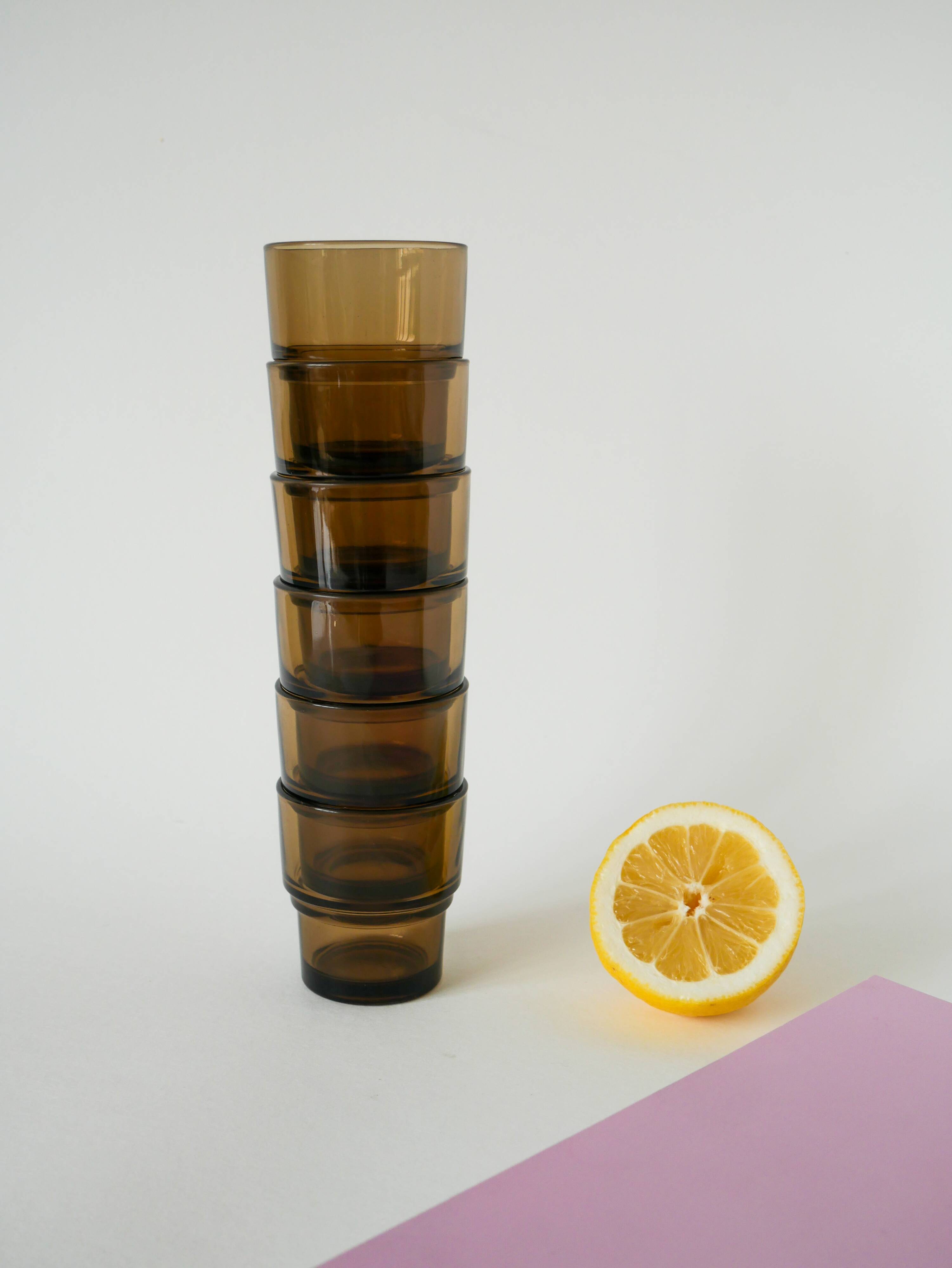 Set of 6 smoked glass water glasses, Design, 1970