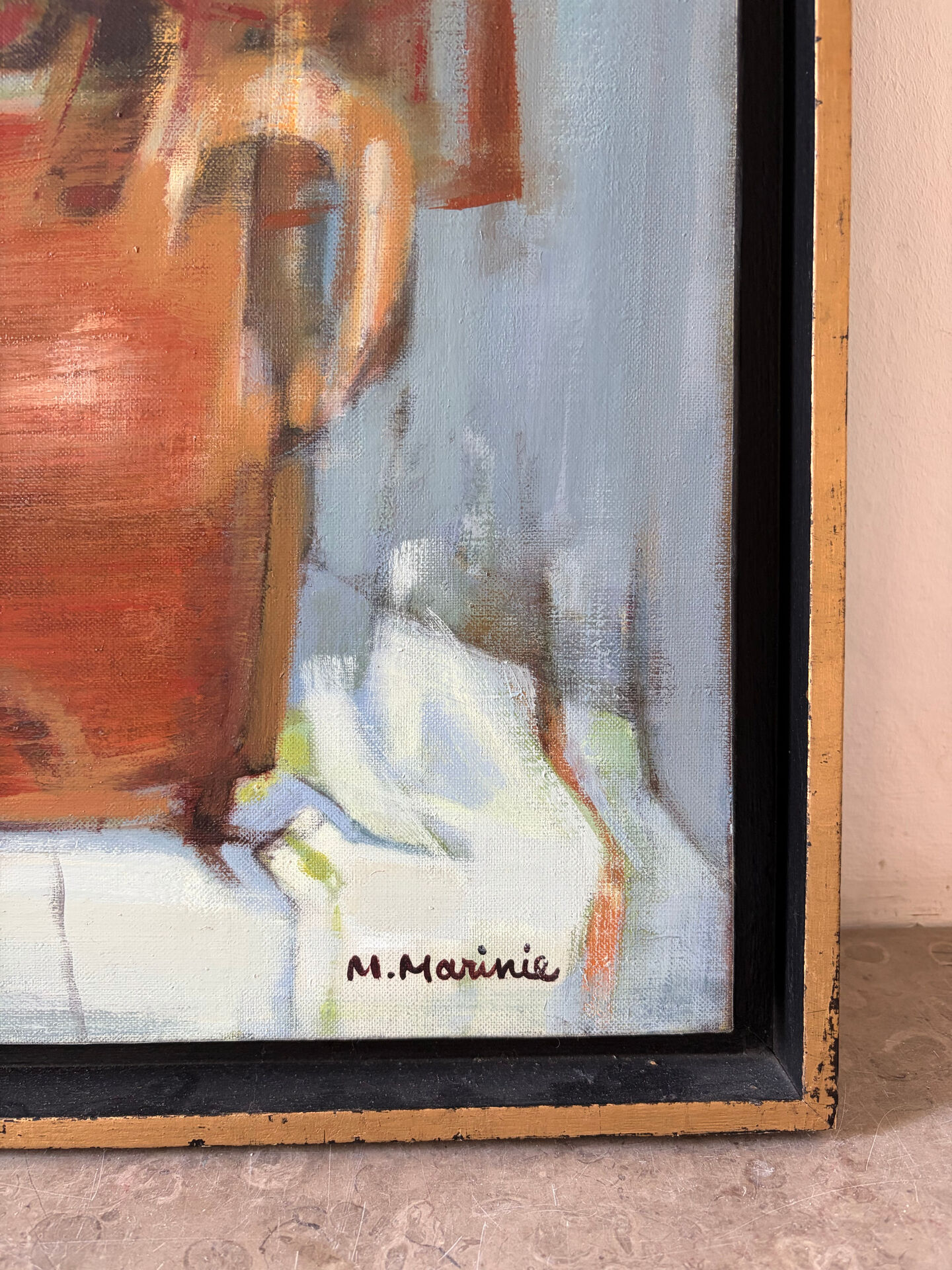 Bouquet to the Loire, oil on canvas signed Marinie 1984