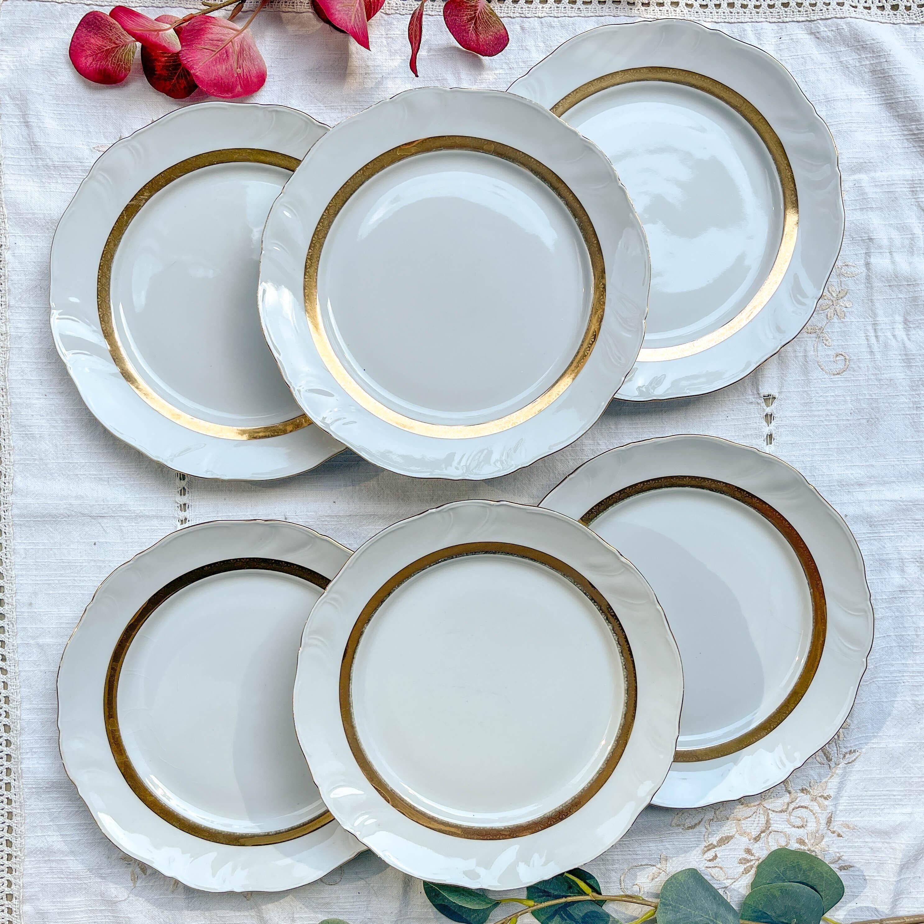 6 Vintage White and Gold Porcelain Dinner Plates Limoge France ADP "Ariane" - Elegant Antique French Tableware