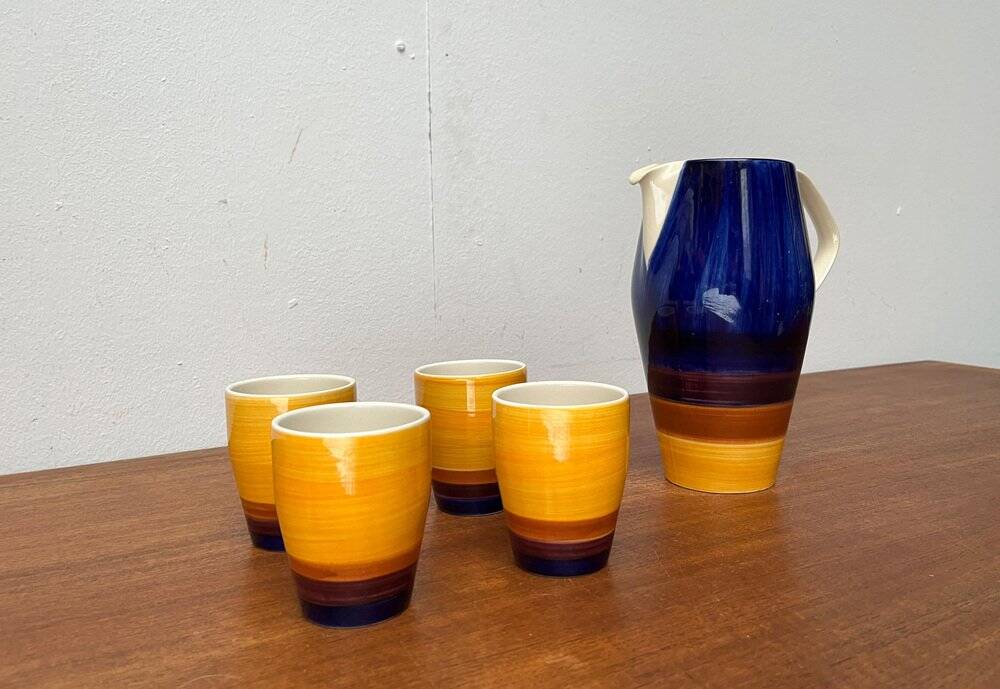 Mid-century hand-painted German décor, ceramic jug 507 with cups from Stützel & Sachs Aalen Keramik, 1960s, set of 5.