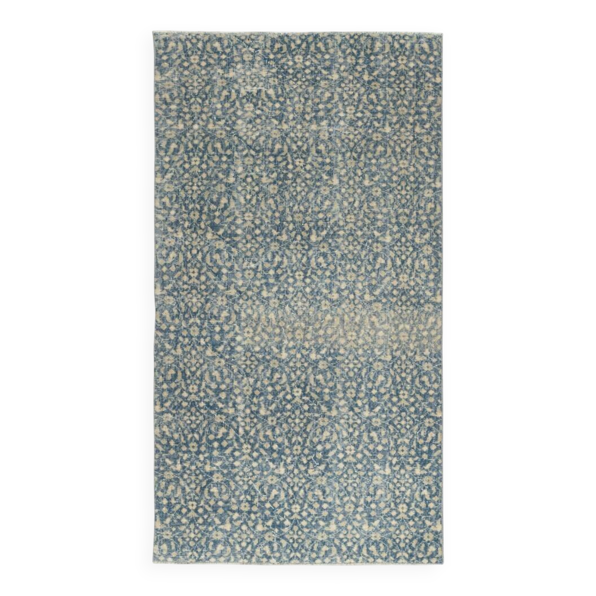 Vintage Handmade Turkish Blue Wool Accent Rug with Floral Design for Home and Office Decor