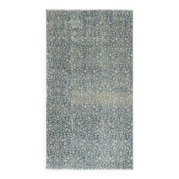 Vintage Handmade Turkish Blue Wool Accent Rug with Floral Design for Home and Office Decor