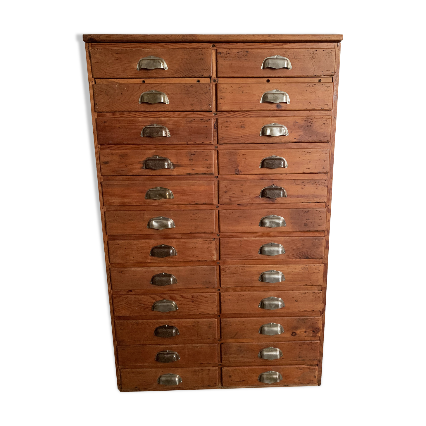 Old apothecary trade furniture in vintage wood 24 drawers.
