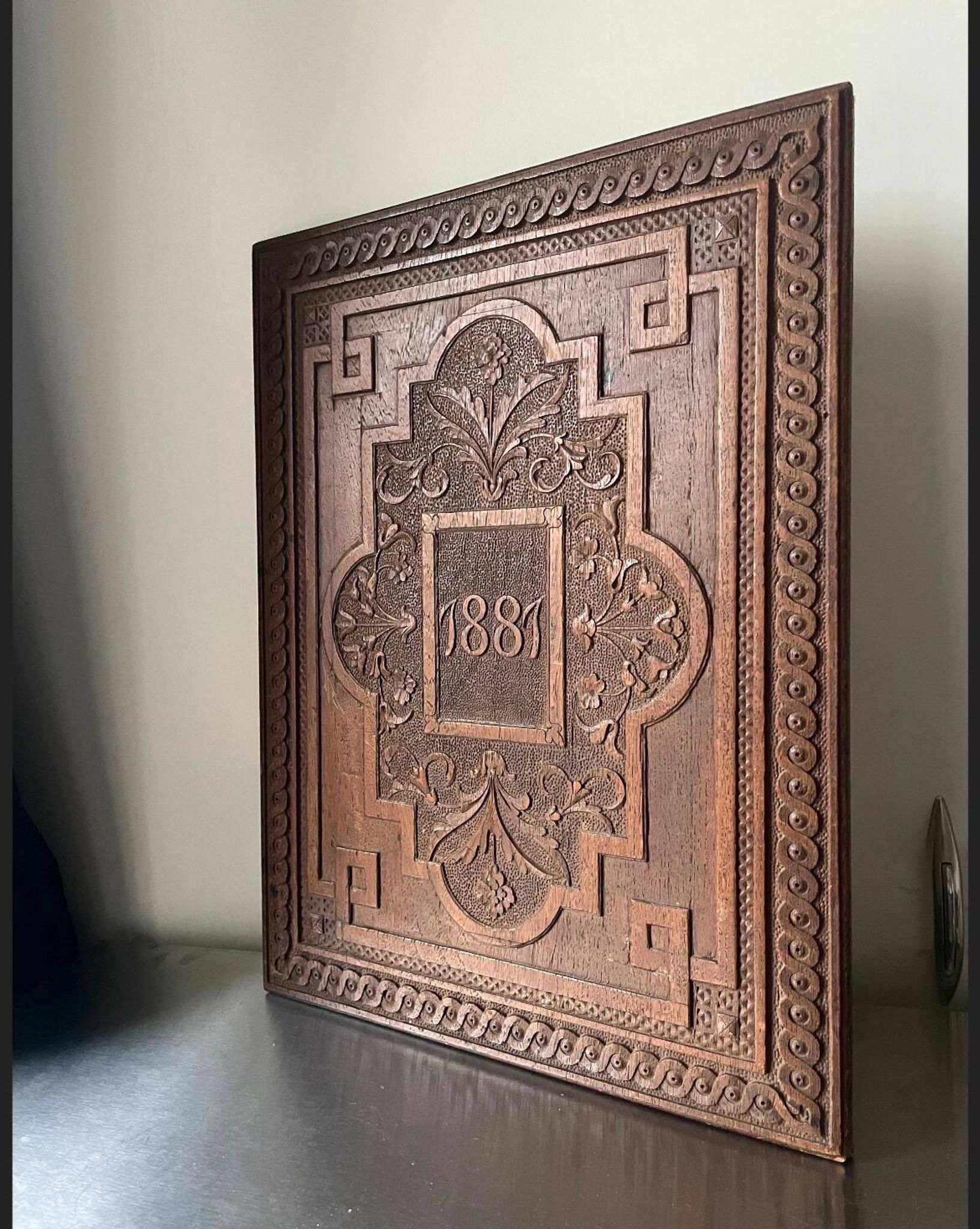 Antique  1881 Carved on solid wood Panel  Relief