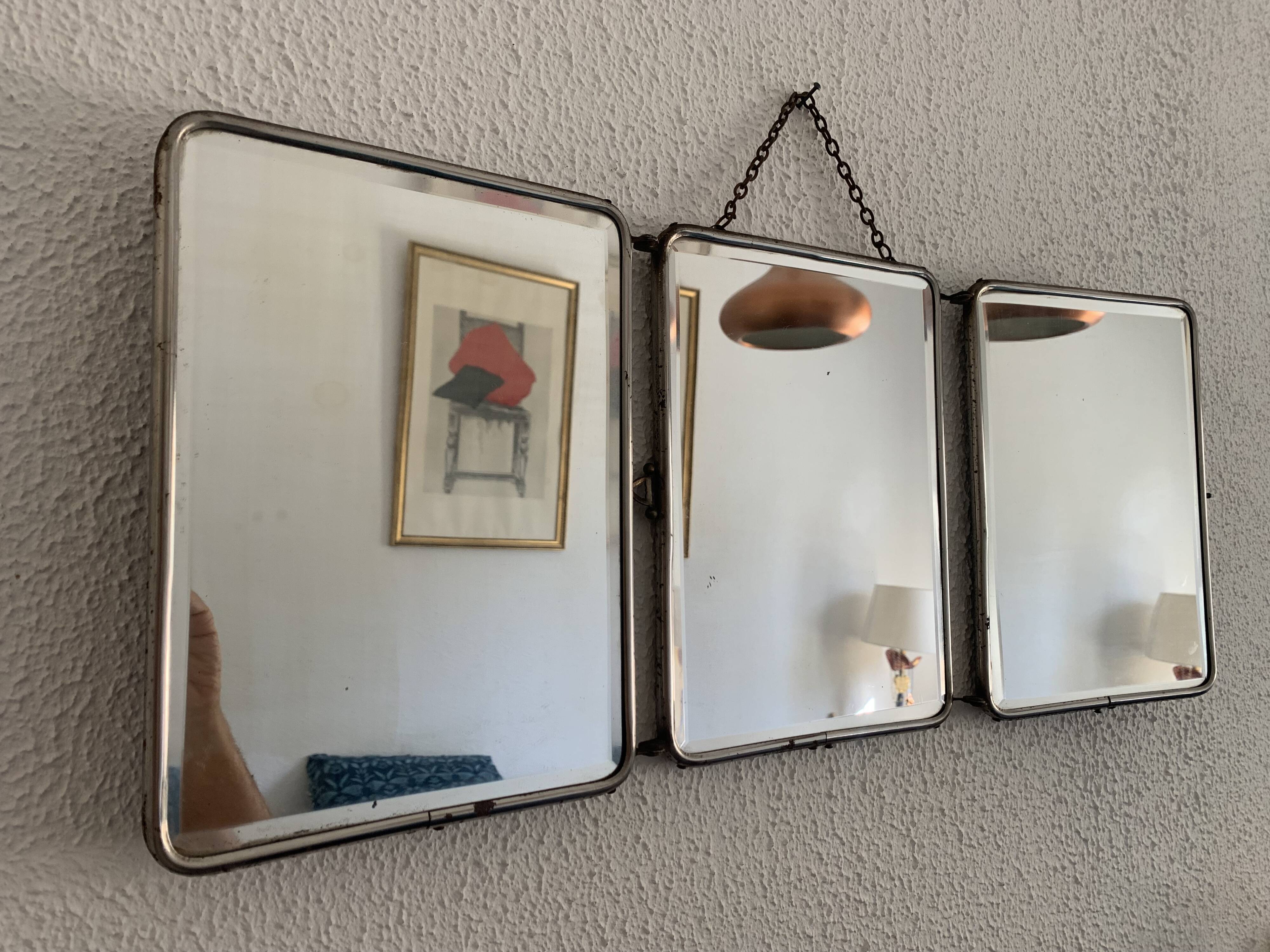 Miroir vintage 1950 triptyque barbier biseauté canard - 24 x 58 cm