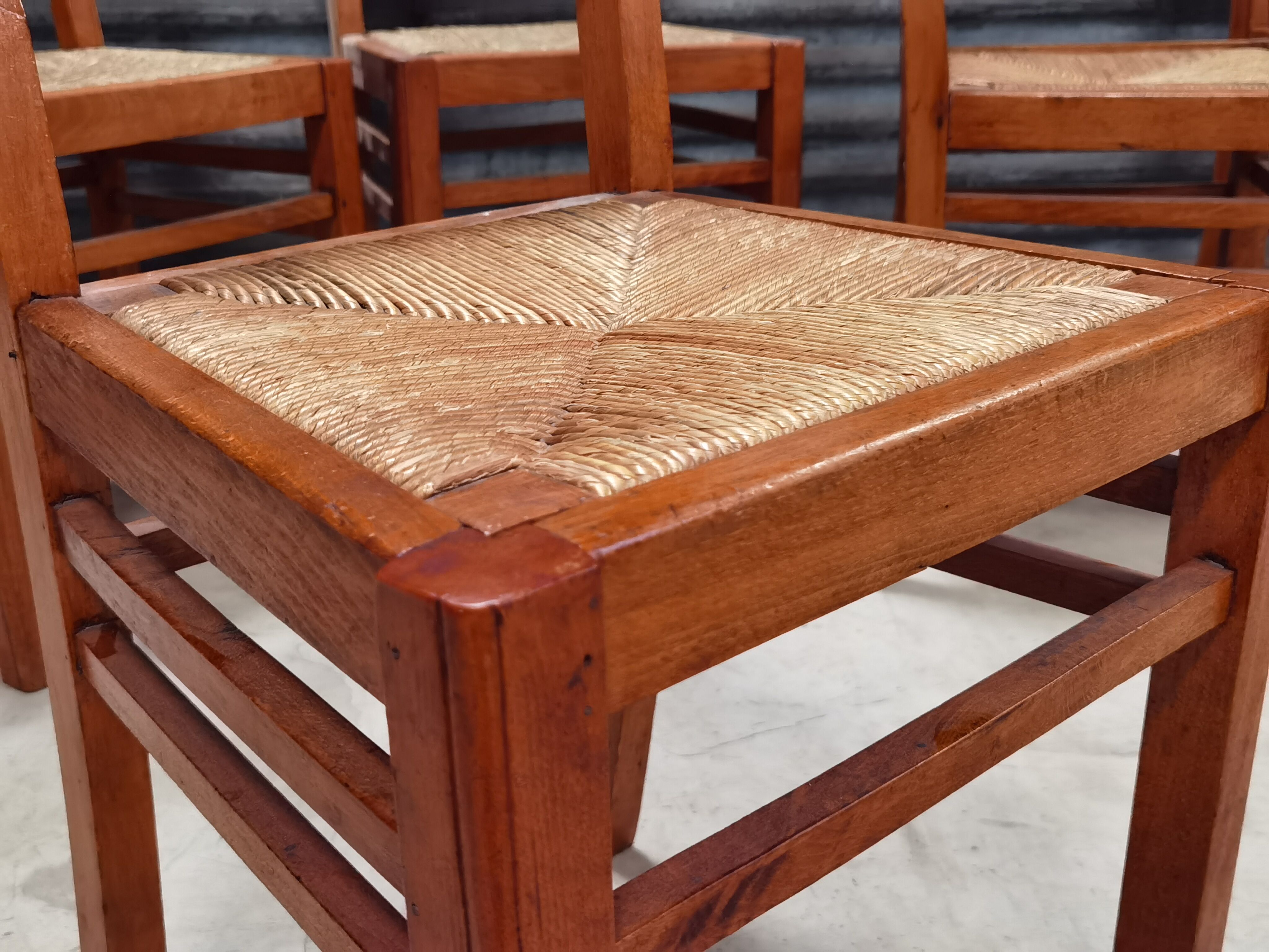 Set of 6 straw wood chairs 1950