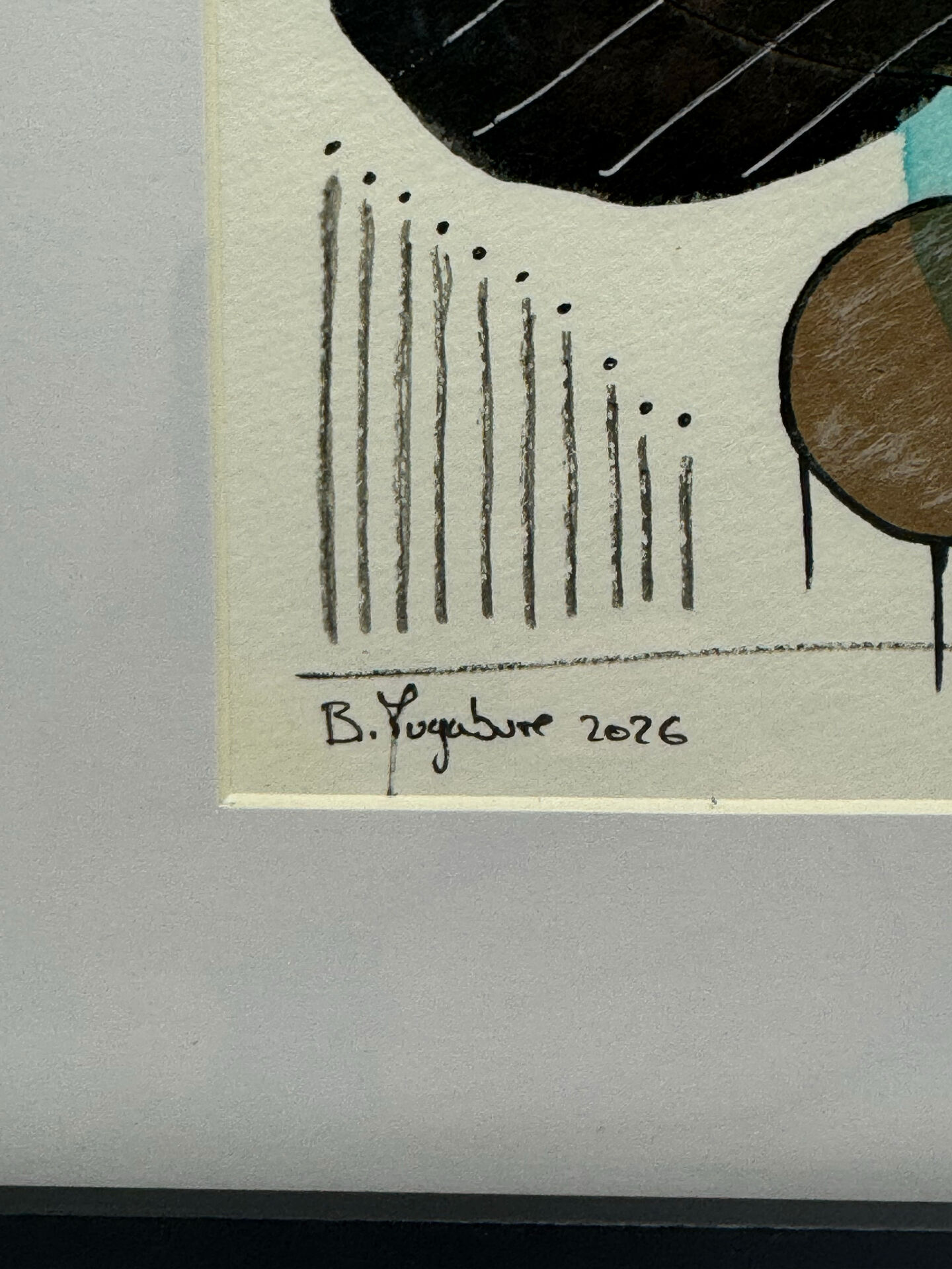 Dessin abstrait original encadré, technique mixte - Bertrand Mugabure