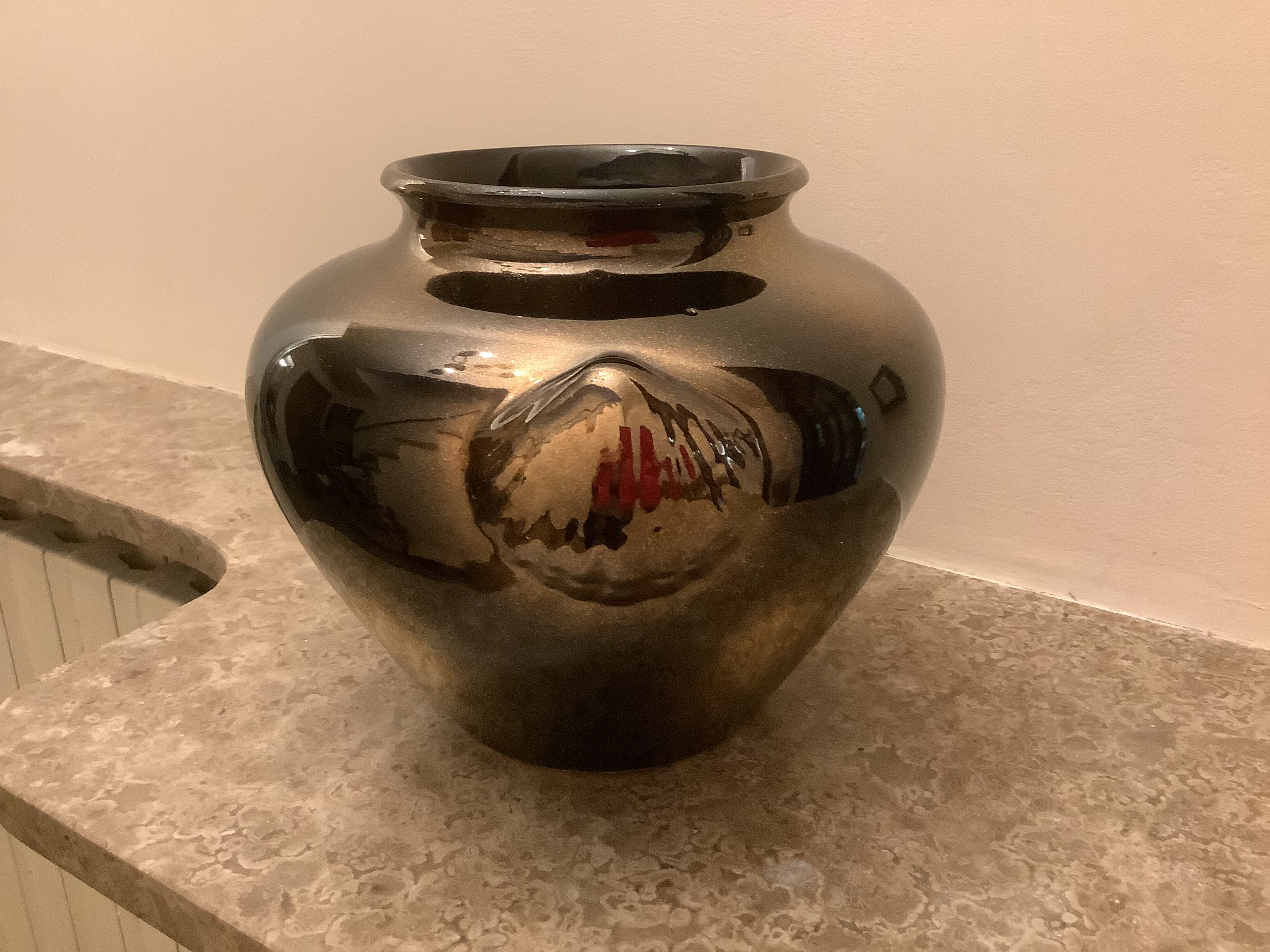 Old gilded brown iridescent vase W Germany handles scallops