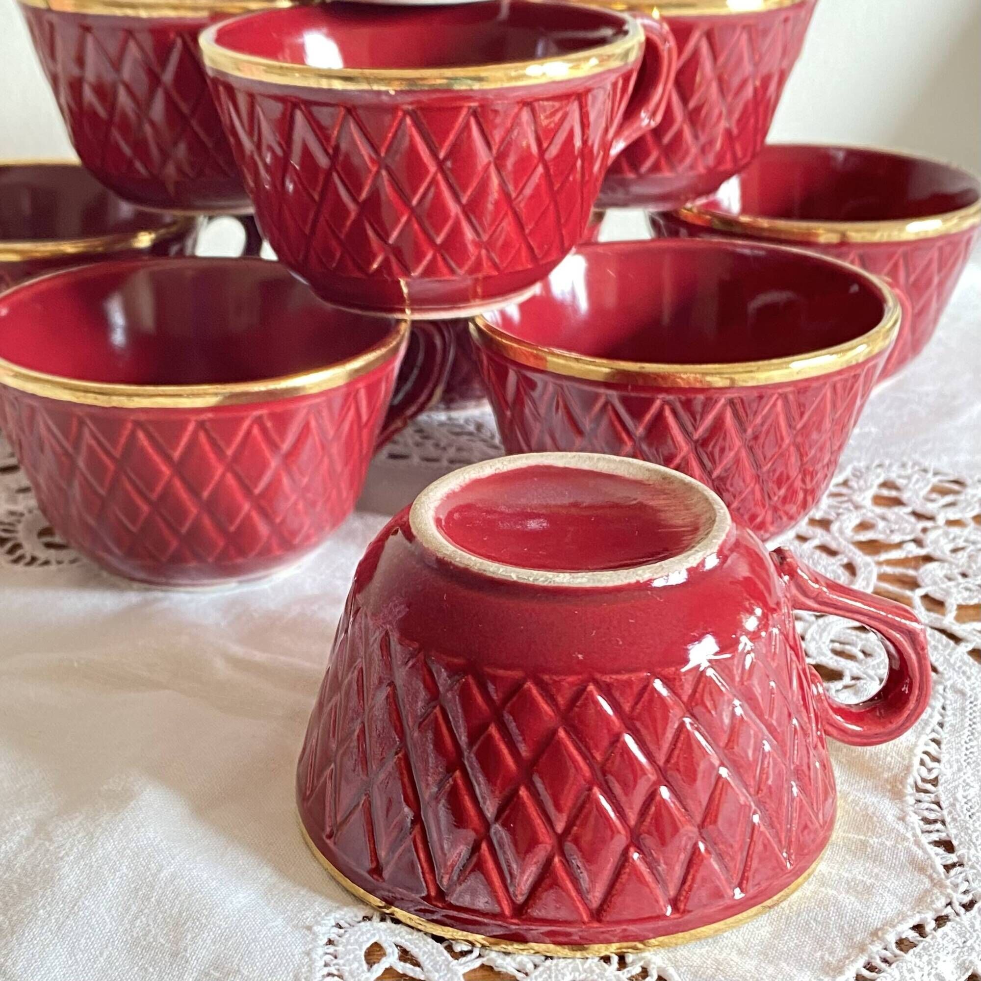 Set of 10 old red and gold ceramic coffee tea cups ACC-7234