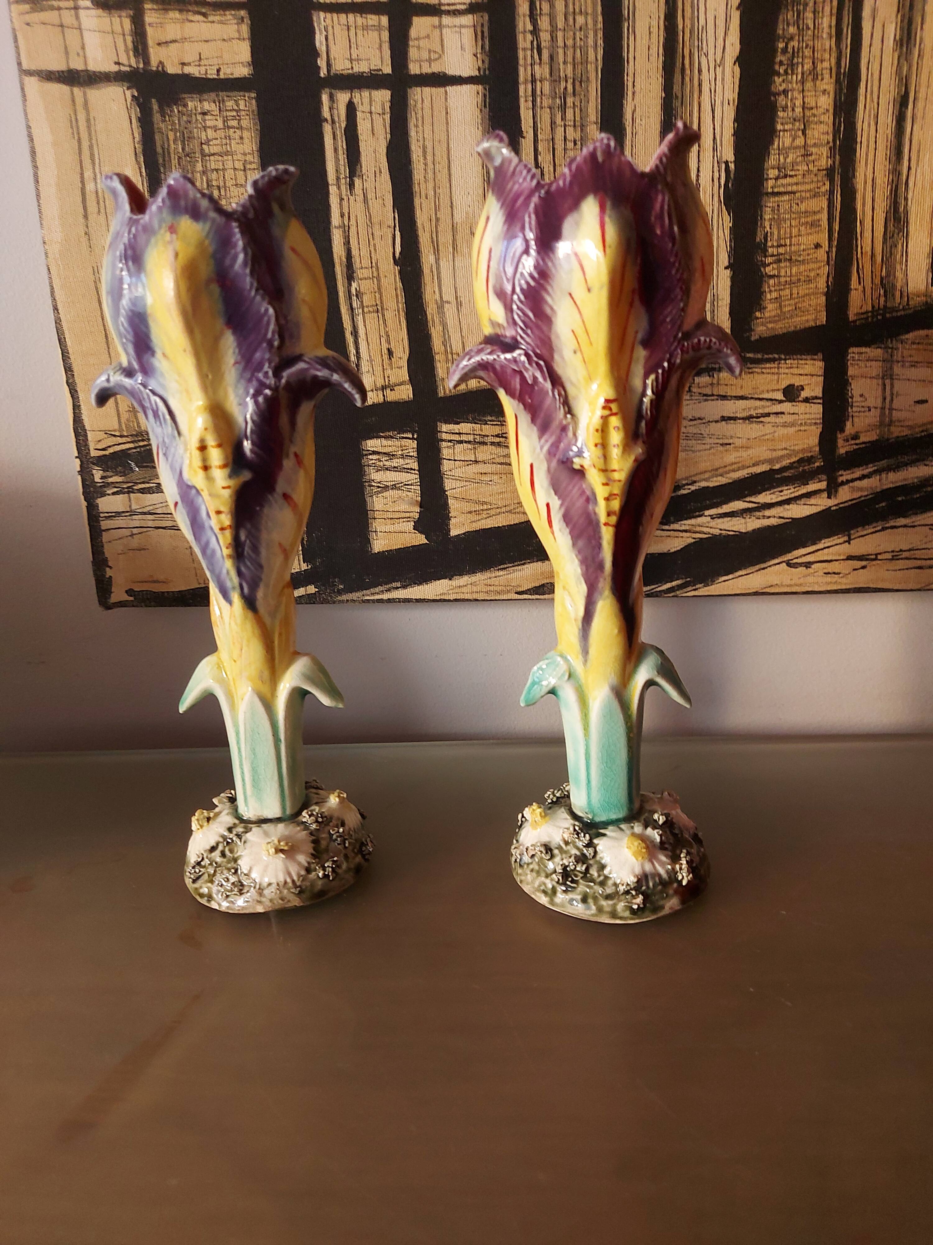 Pair of art nouveau slip vases, soliflore, iris