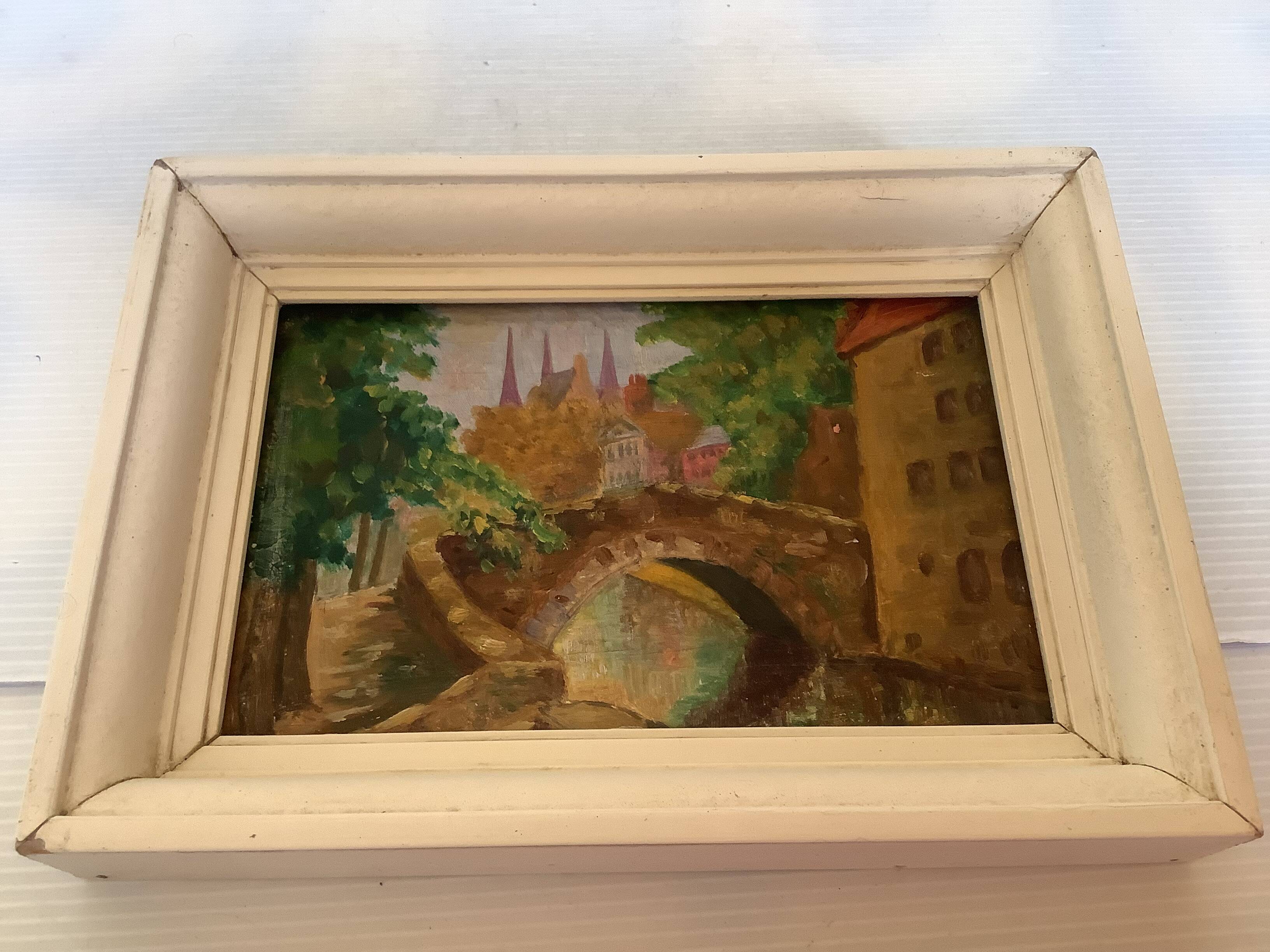 Mini painting of Bruges, Belgium, oil on wood panel.