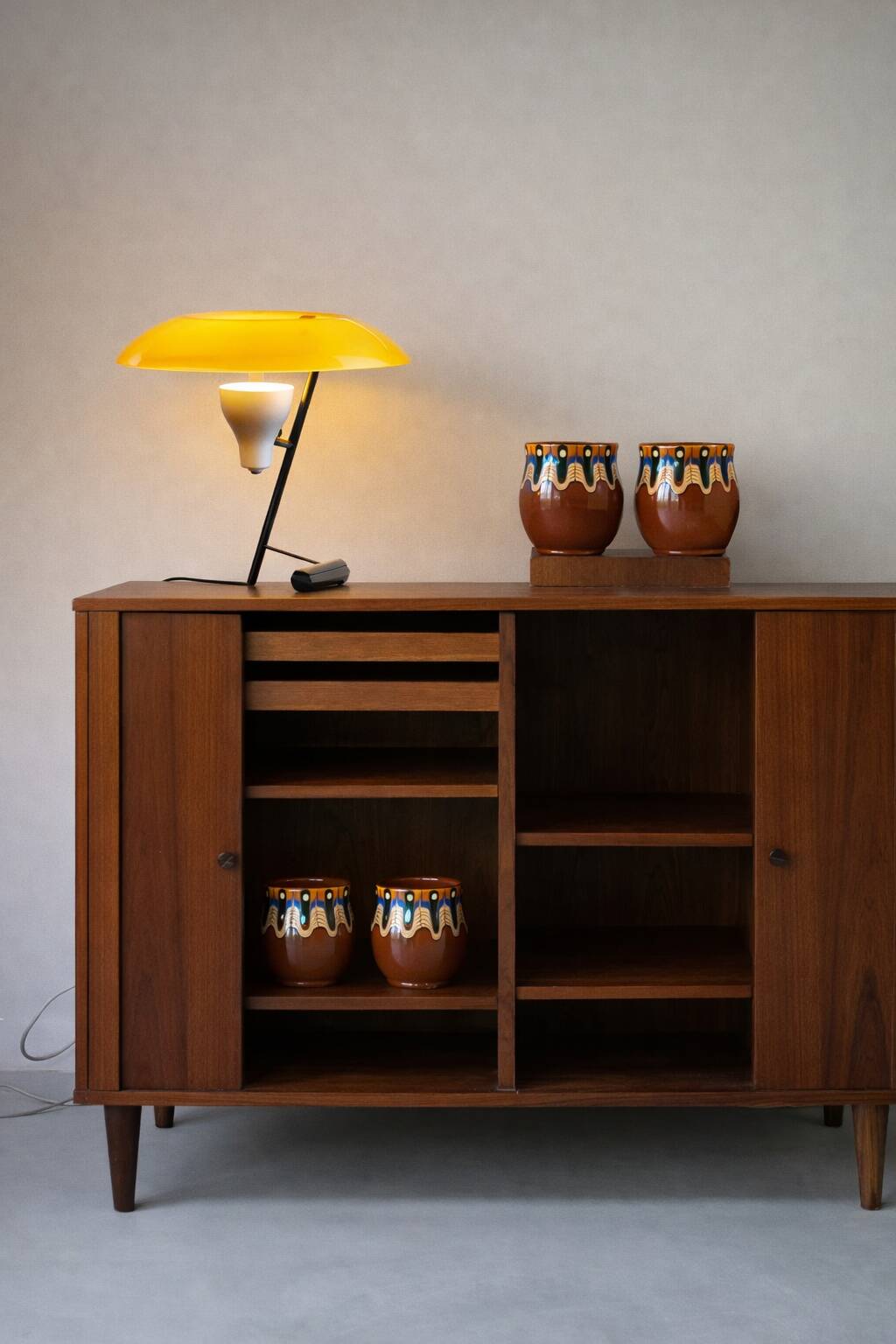 Set of 4 Bulgarian ceramic Troyan mugs from the 1970s, vintage glazed stoneware.