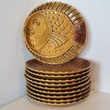 10 flat plates fish décor in vintage Sarreguemines slip