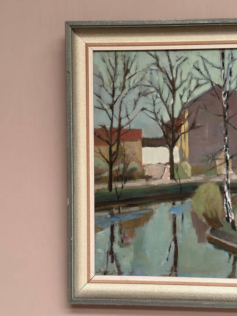 Original Swedish Oil on Canvas - "Landscape with Trees and Buildings" by Ingvar Björk - 1948 - Vintage - Framed - 62 × 48 cm (24.4" × 18.9")