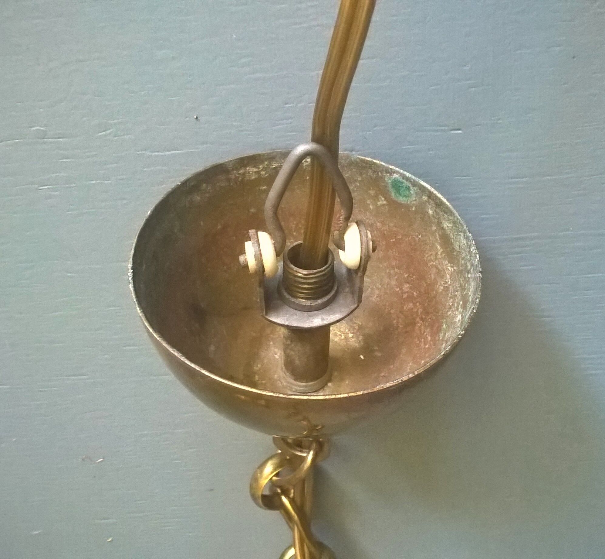 Chandelier lantern cage cylindrical two fires ~ glass and golden brass ~ 1950s/1960s