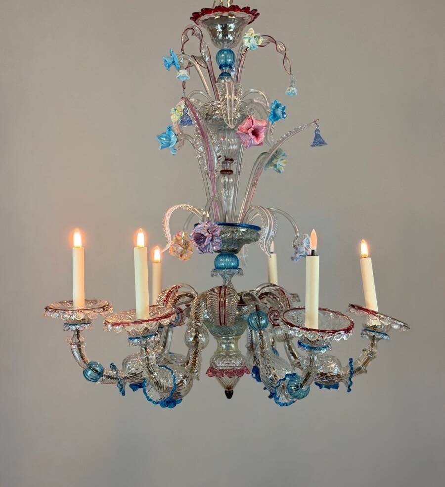 Venetian Rezzonico chandelier in multicoloured Venetian glass circa 1900