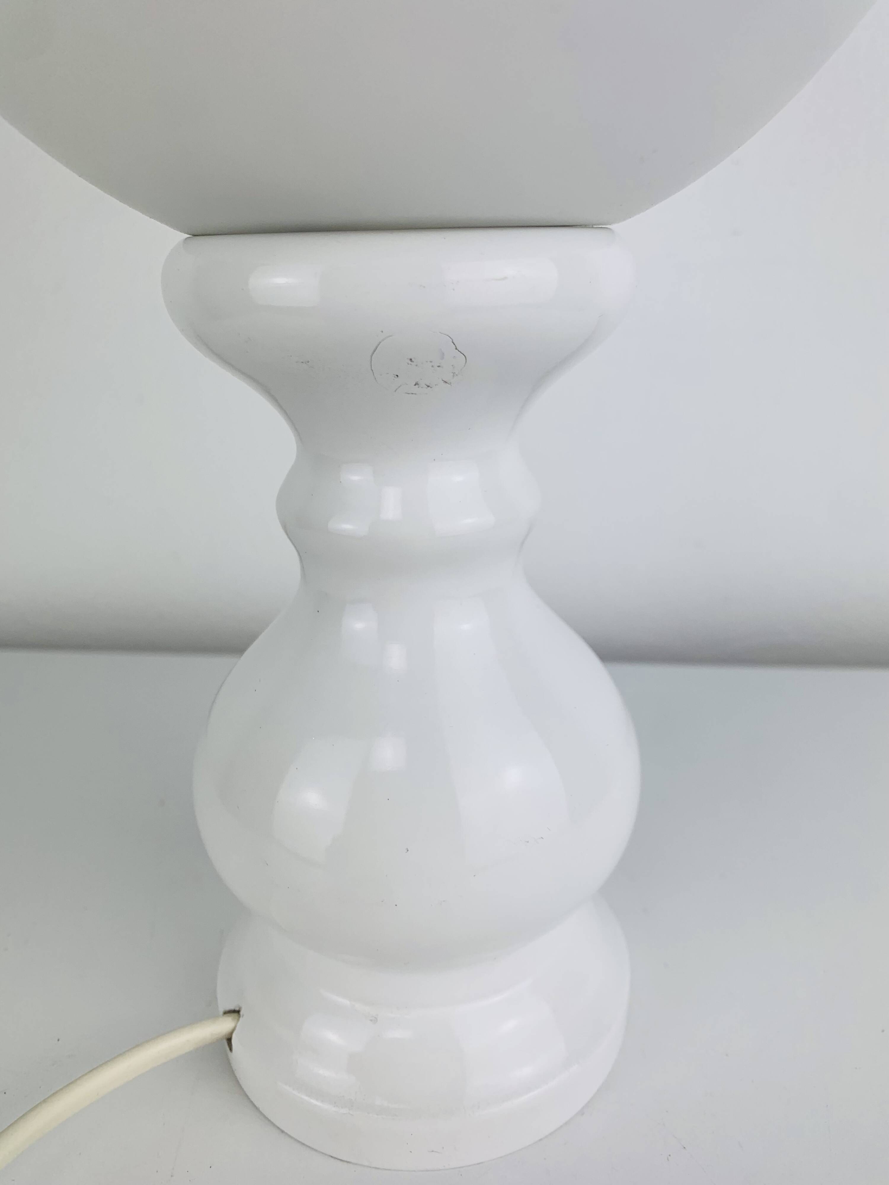 Turned wood lamp with opaline glass globe, 1970s