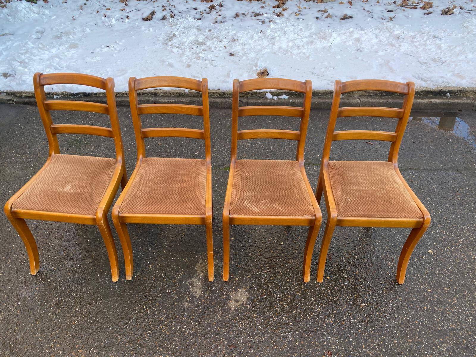 4 solid wood and brown velvet suede chairs in the Louis Philippe style.