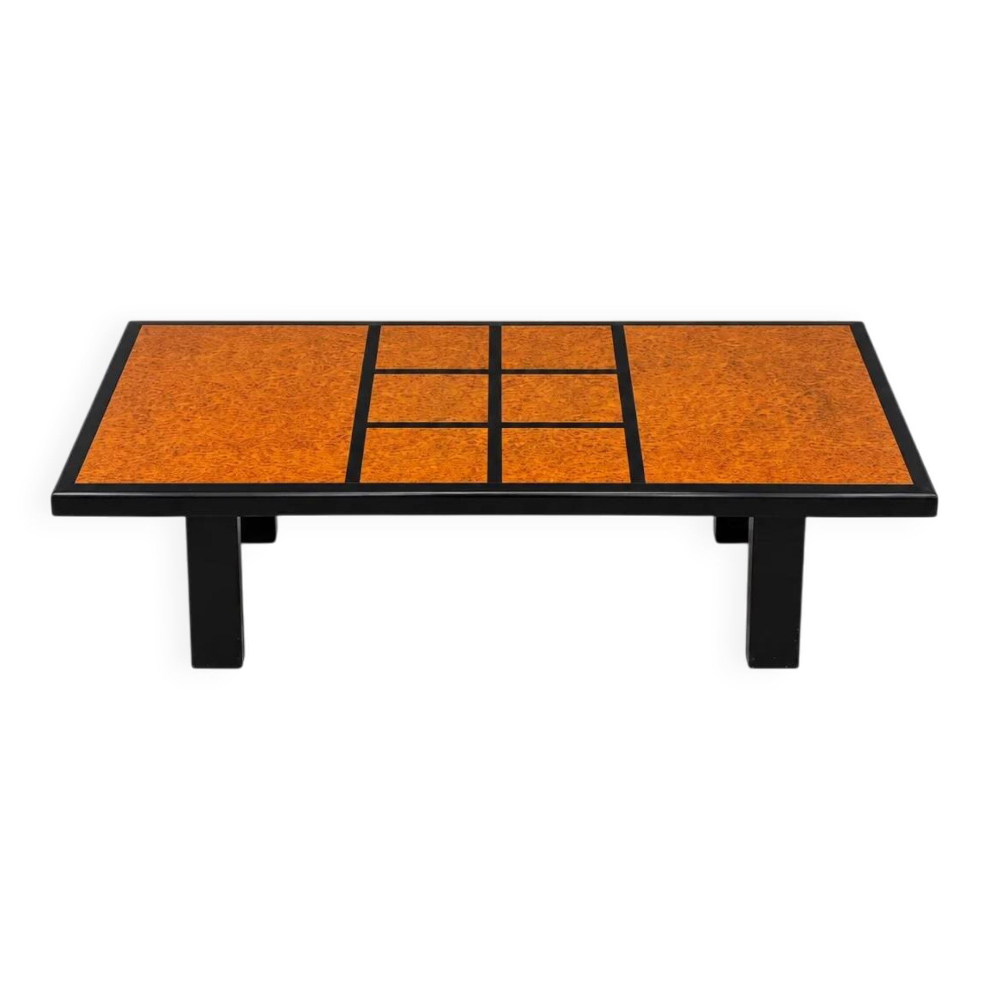 Vintage coffee table in wood burl and black lacquer, geometric inlay.