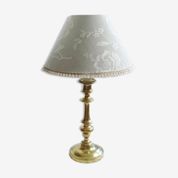 Brass lamp with handmade lampshade with flower motifs