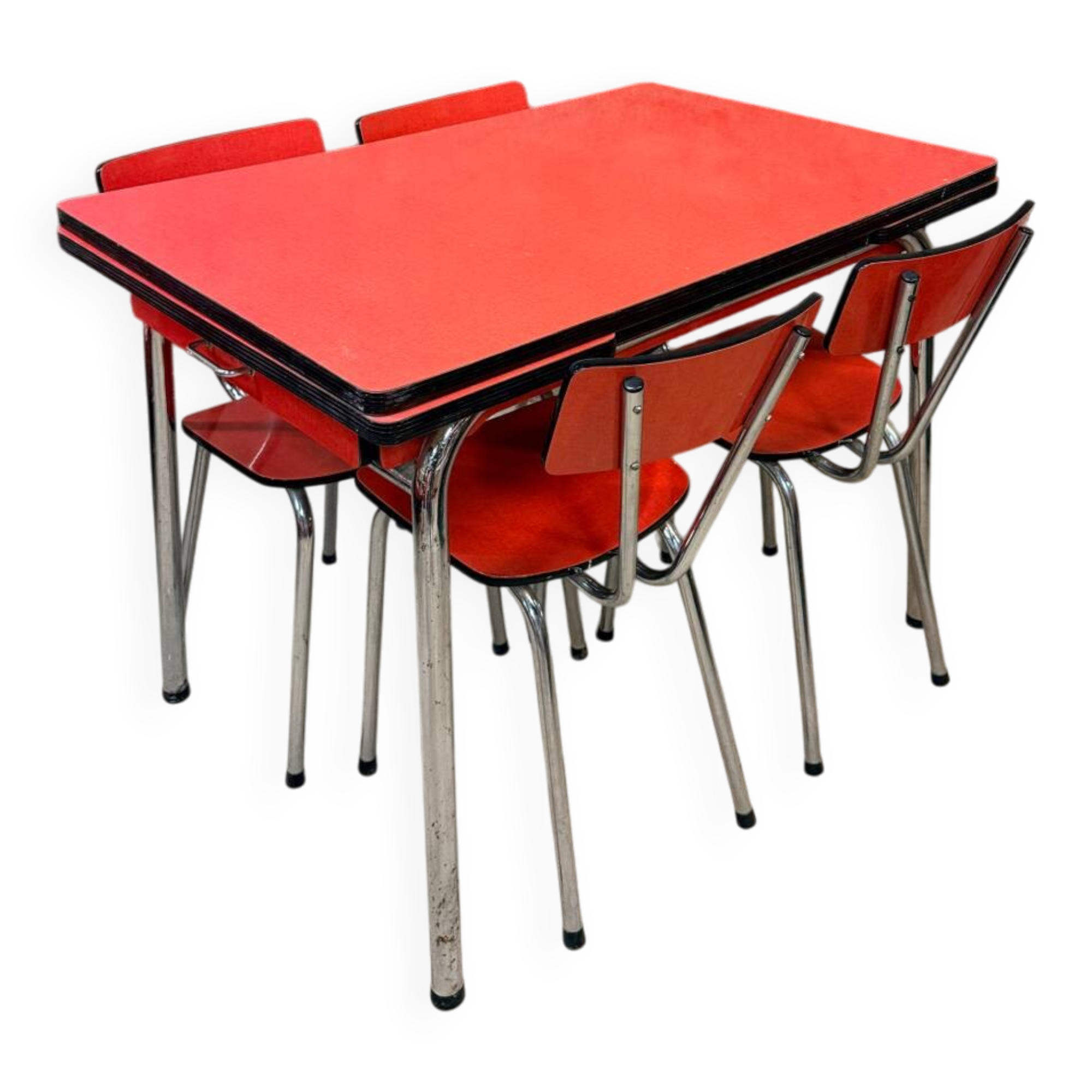 4 red Formica chairs with a 1970s table