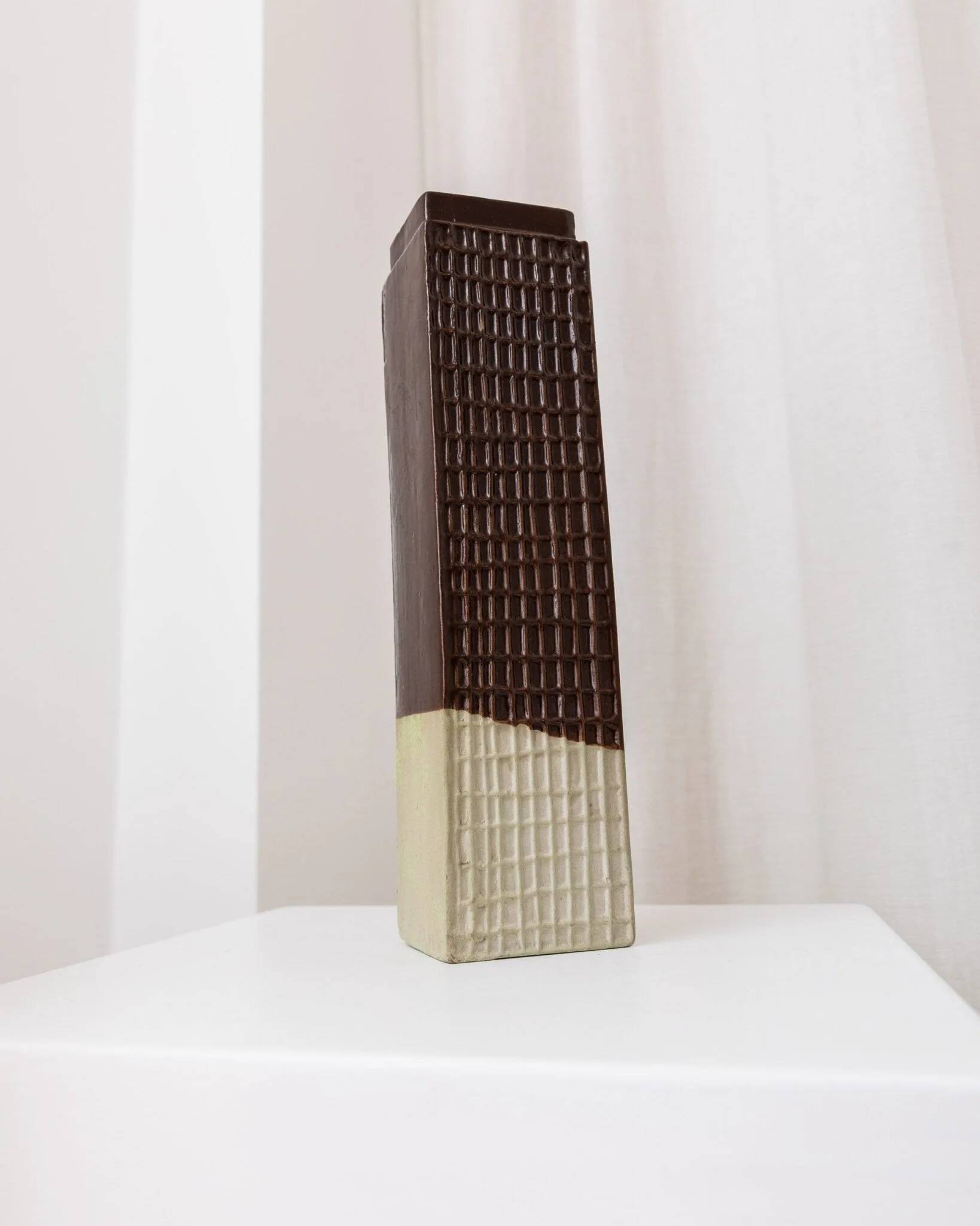 Brown ceramic skyscraper vase, Czech mid-century 1960s design, textured grid