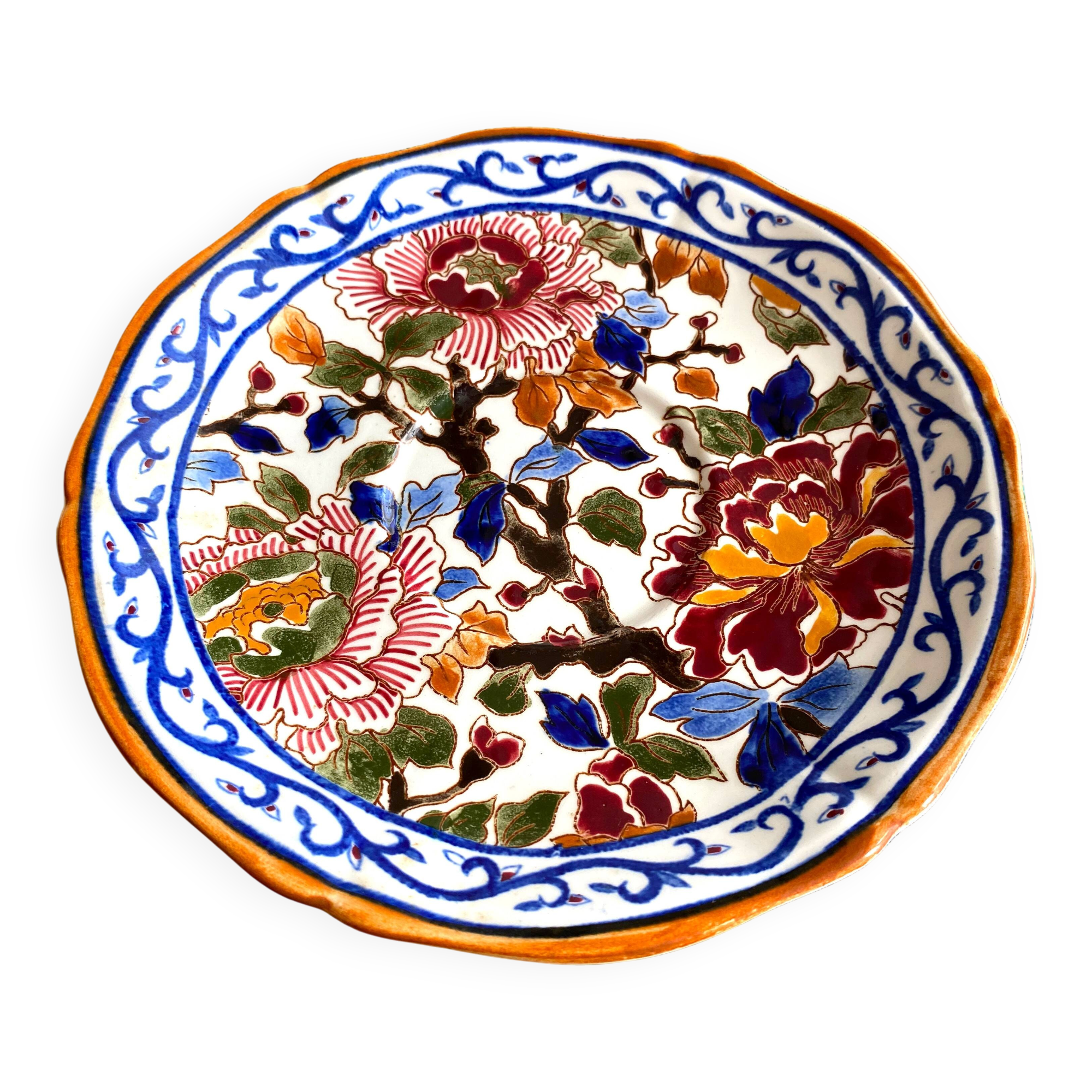 Gien france : assiette à dessert décor aux pivoines, peint à la main (1960)