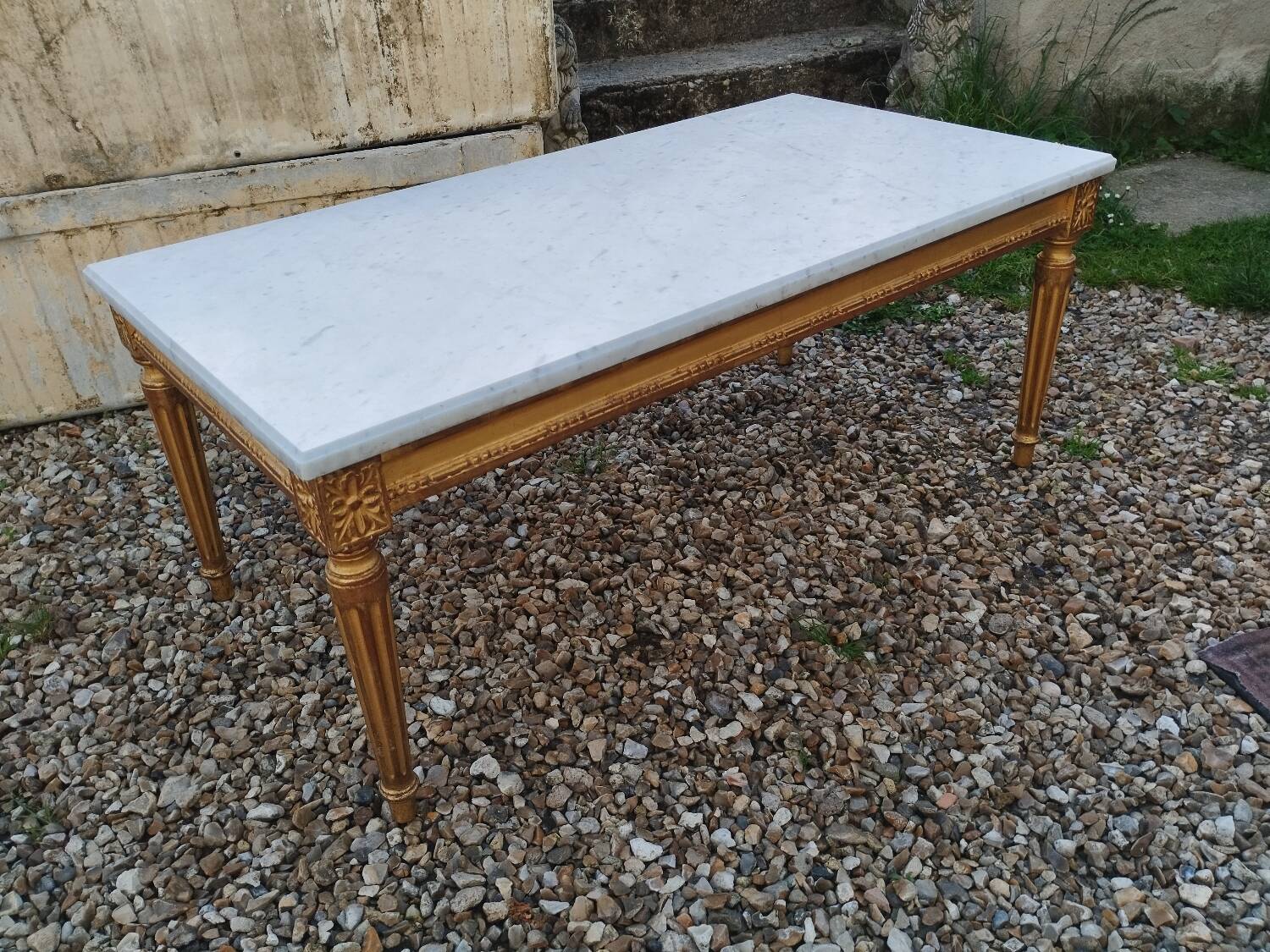 Louis XVI style coffee table in old gilded wood with marble top