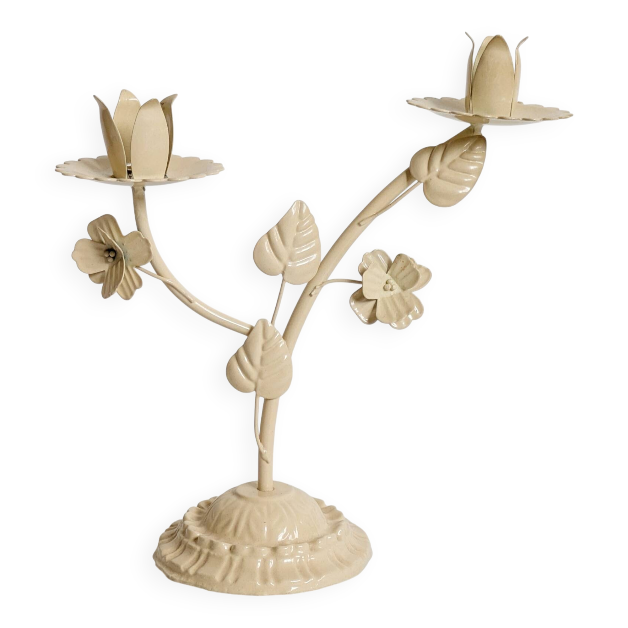 Vintage Italian white painted cast iron candlestick, floral motif, 1970s